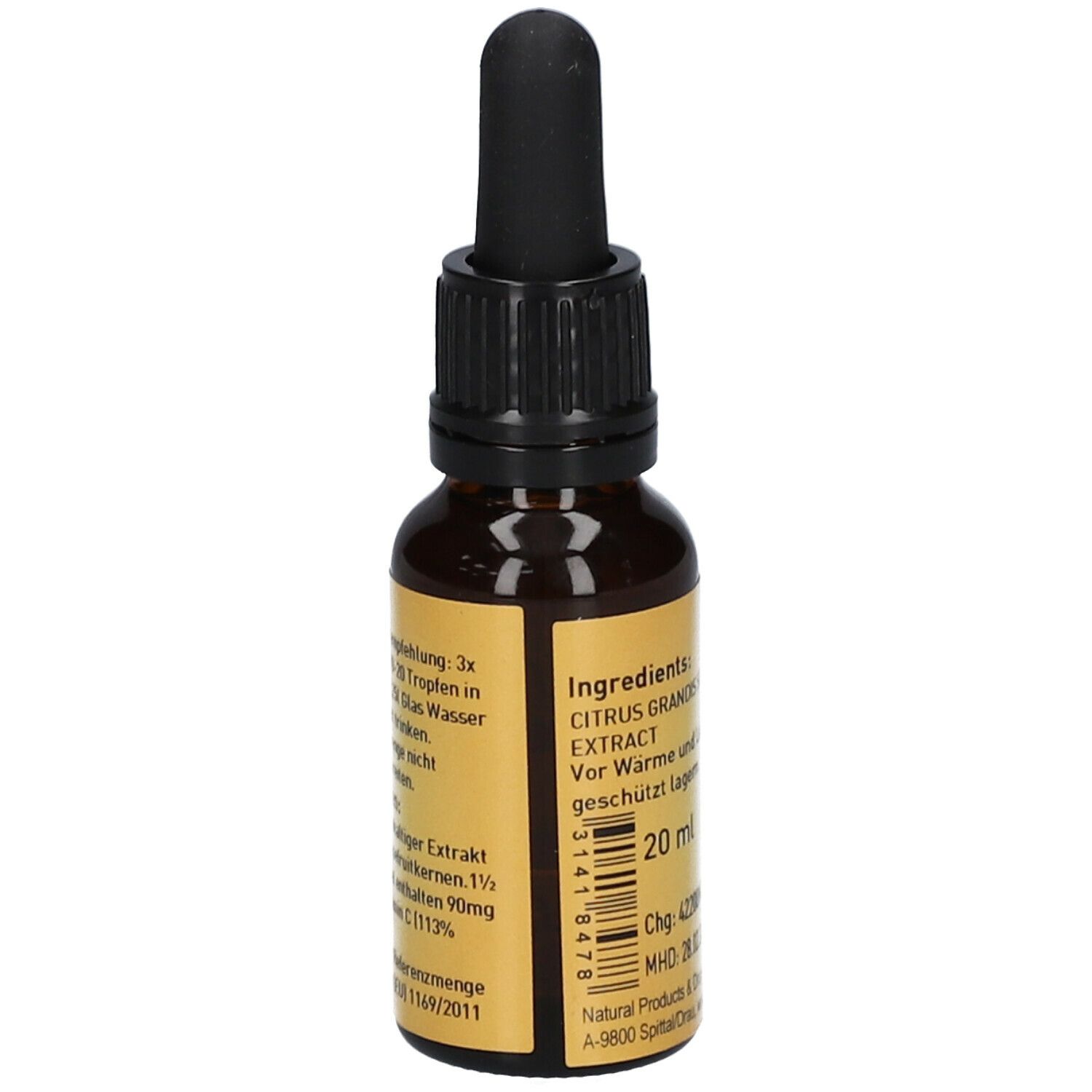 Braune Glasflasche mit schwarzem Deckel und Pipette. Aufschrift: PRIMABENE, Grapefruitkern Extrakt. 20 ml.
