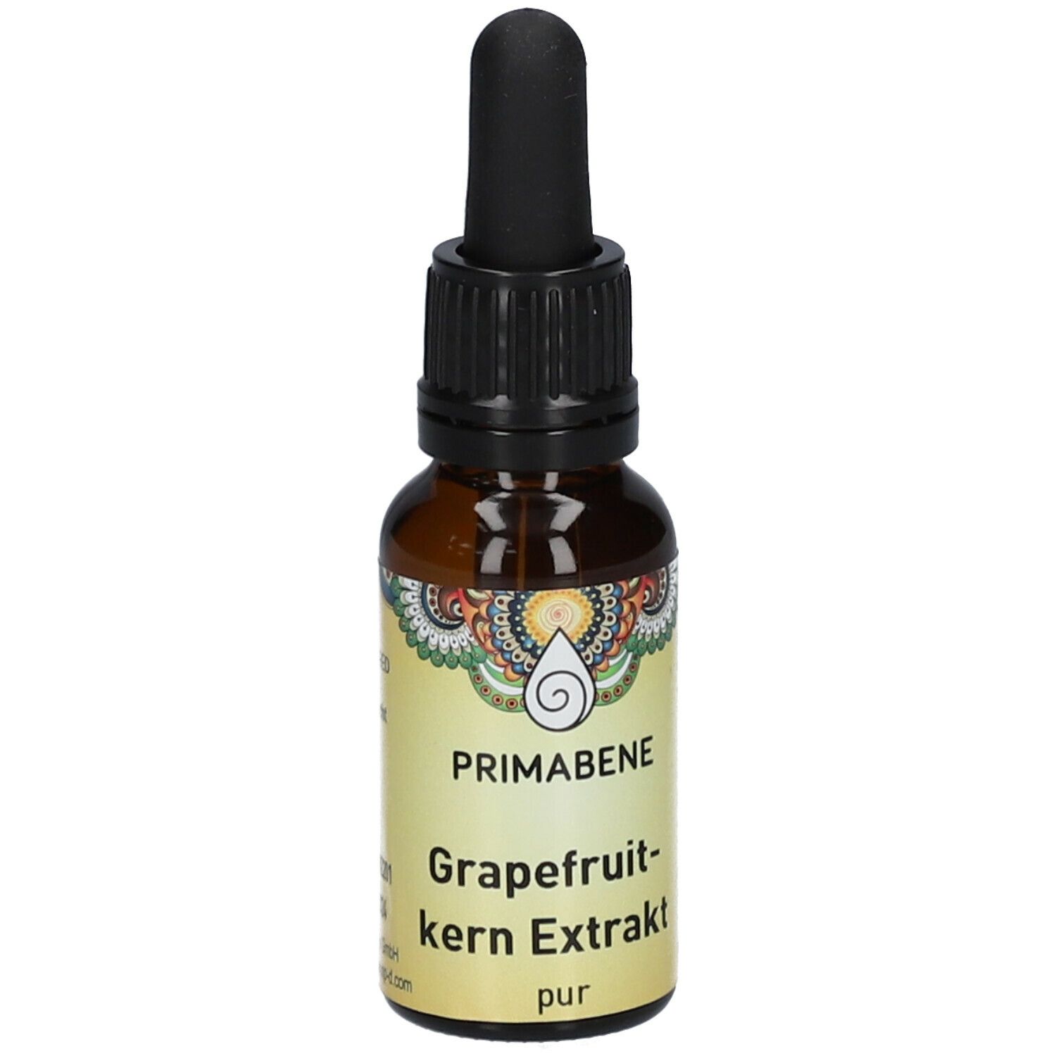 Braune Glasflasche mit schwarzem Deckel und Pipette. Aufschrift: PRIMABENE, Grapefruitkern Extrakt pur.