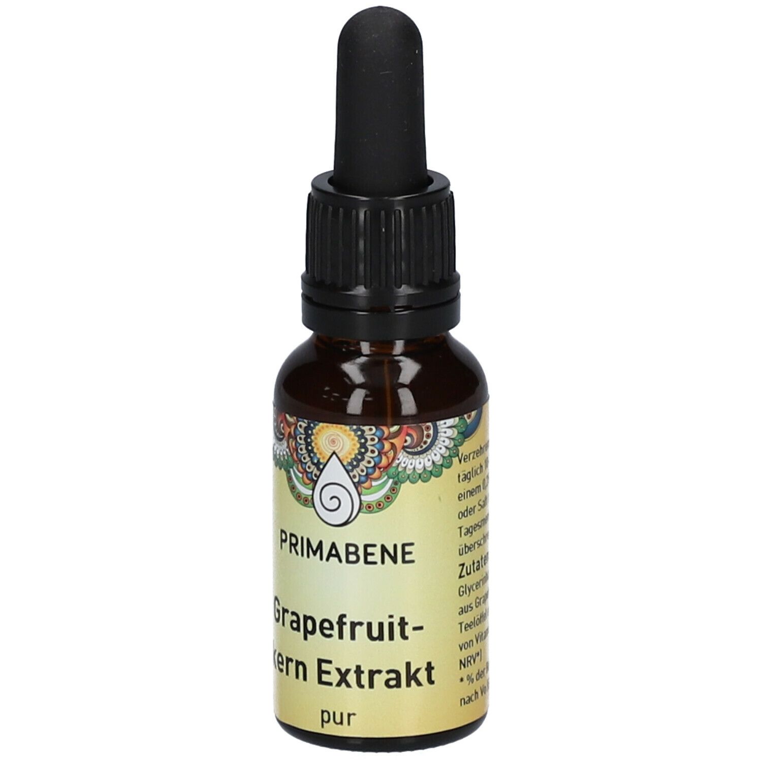 Braune Glasflasche mit schwarzem Deckel und Pipette. Aufschrift: PRIMABENE, Grapefruitkern Extrakt pur.