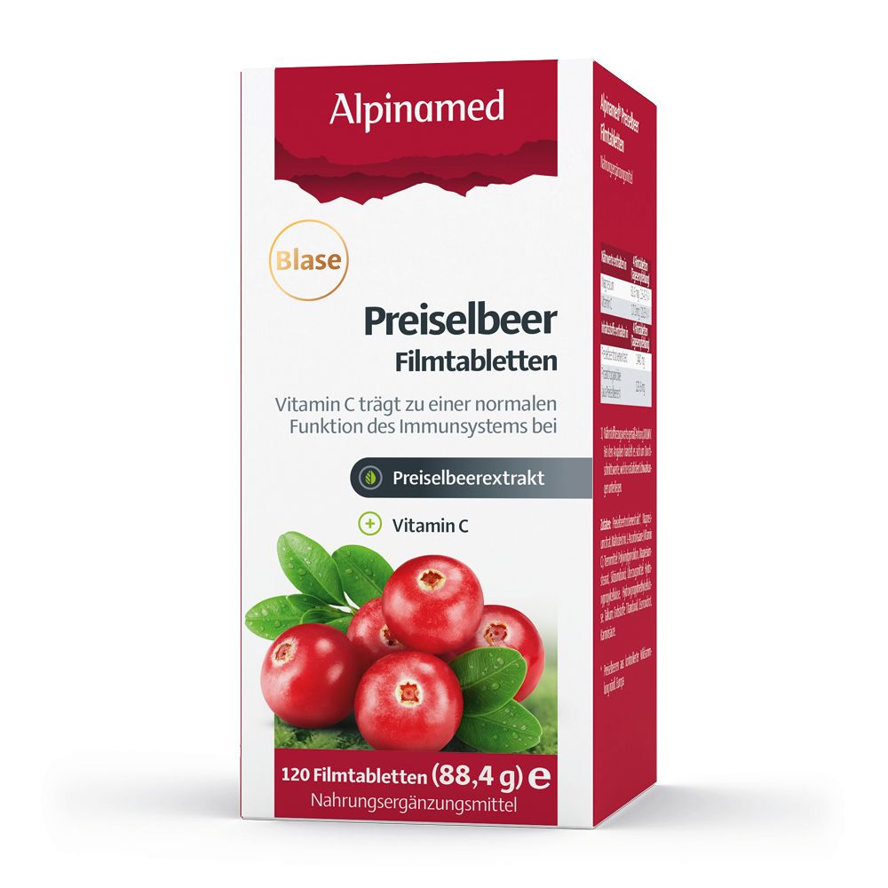 Alpinamed Preiselbeer-Filmtabletten-Packung. Rote und weiße Schachtel mit Produktinformationen und Cranberry-Abbildung.