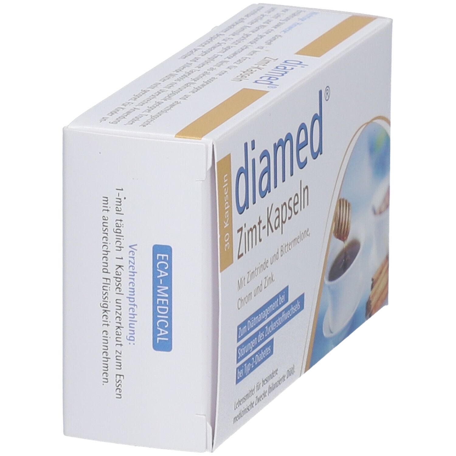 Boîte "diamed Zimt-Kapseln" en perspective. Inscription : 30 gélules. Texte : Prendre 1 gélule par jour non mâchée avec suffisamment de liquide.