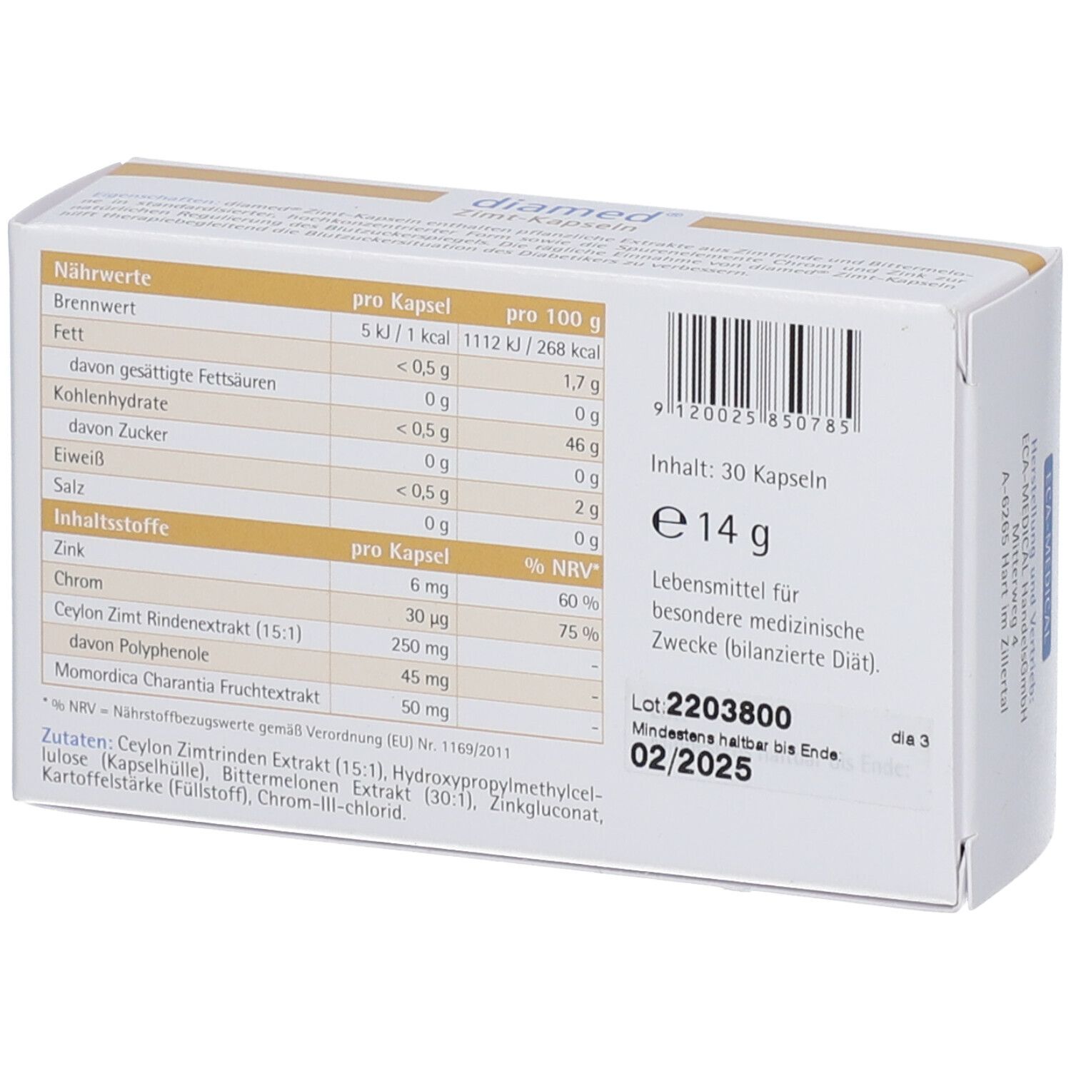 Dos de la boîte "diamed Zimt-Kapseln". Contient des informations nutritionnelles, des ingrédients, un numéro de lot et une date de péremption.