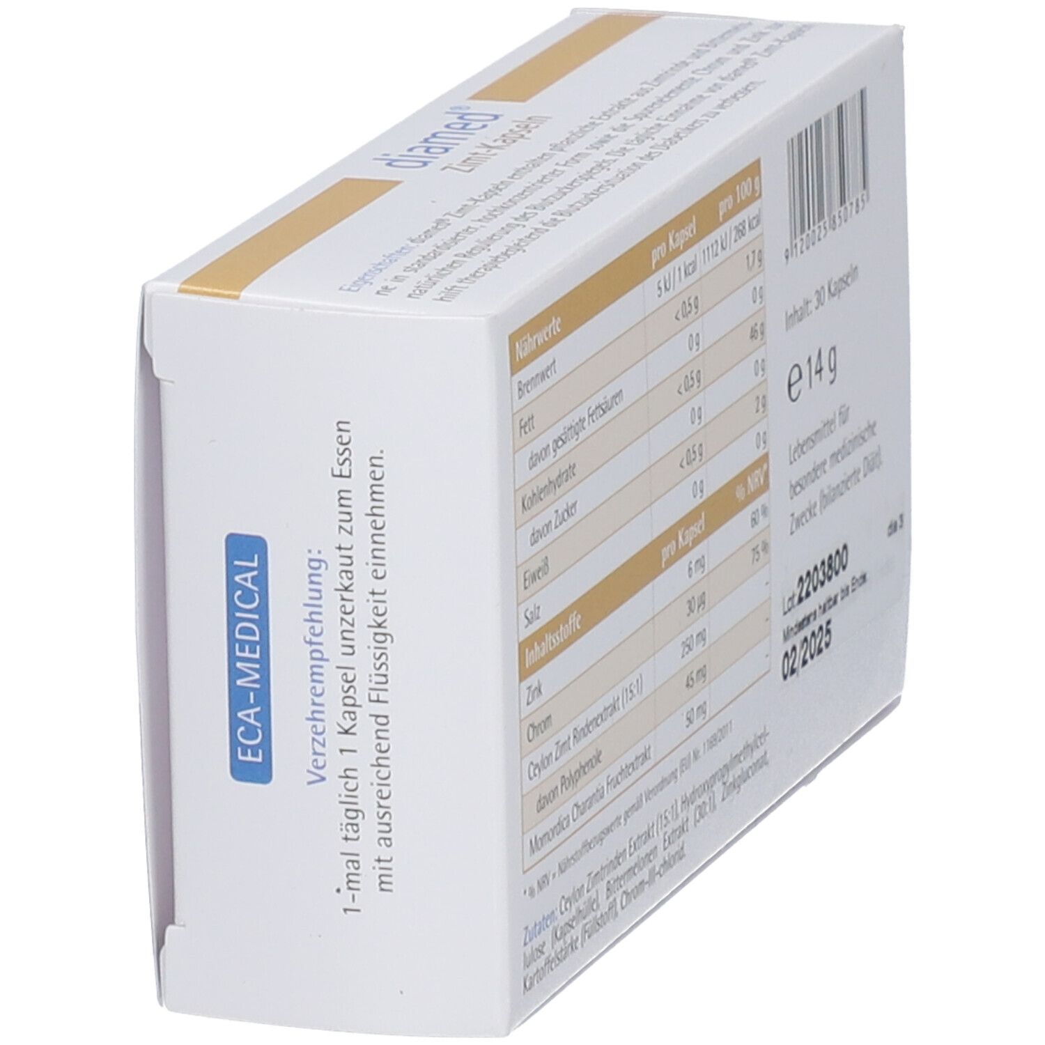 Boîte "diamed Zimt-Kapseln" en perspective. Dos avec informations nutritionnelles, ingrédients, numéro de lot et date de péremption.