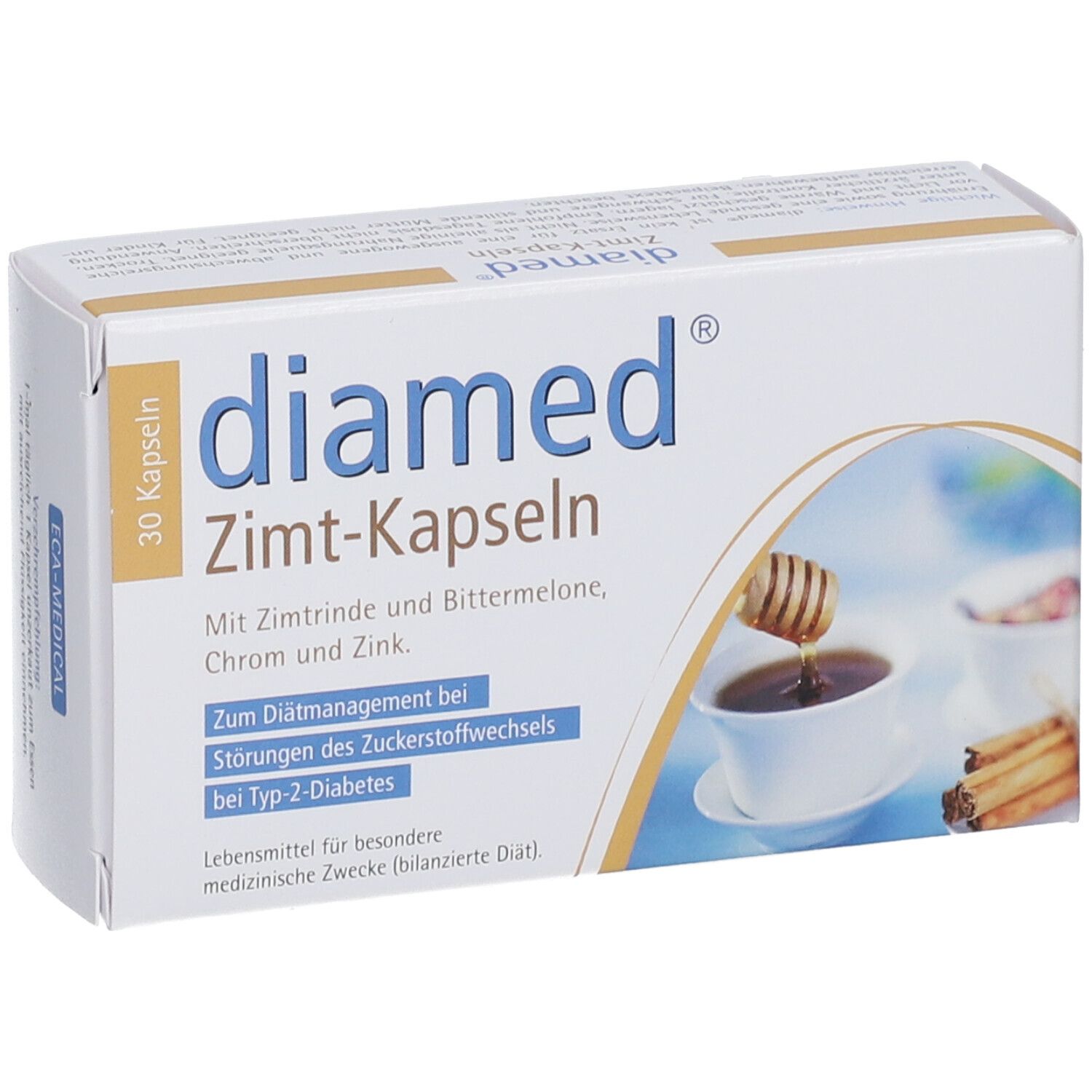 Boîte blanche "diamed Zimt-Kapseln" contenant 30 gélules. Inscription : Avec écorce de cannelle et melon amer, chrome et zinc.