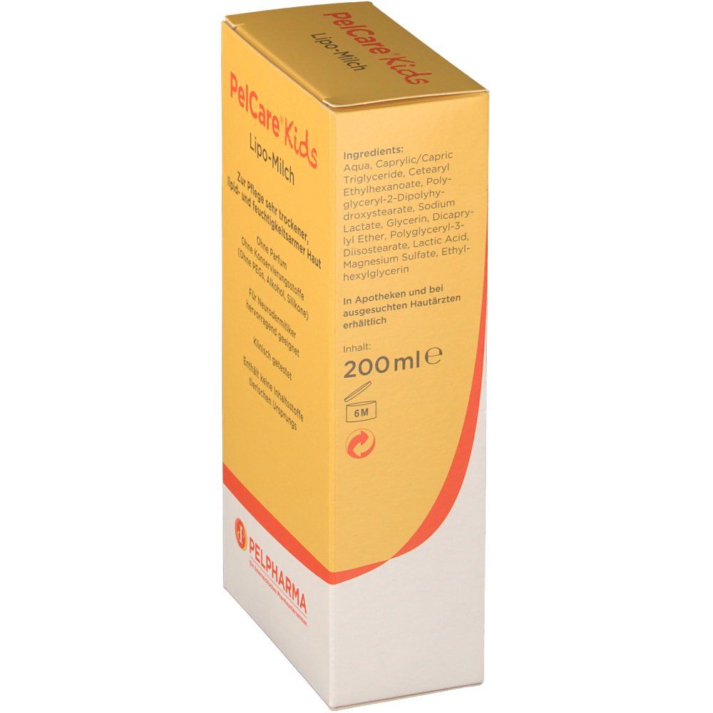 Gelbe Faltschachtel mit Produktnamen PelCare Kids Lipo-Milch. Aufschrift: 200 ml, Inhaltsstoffe, Logo Pelpharma.