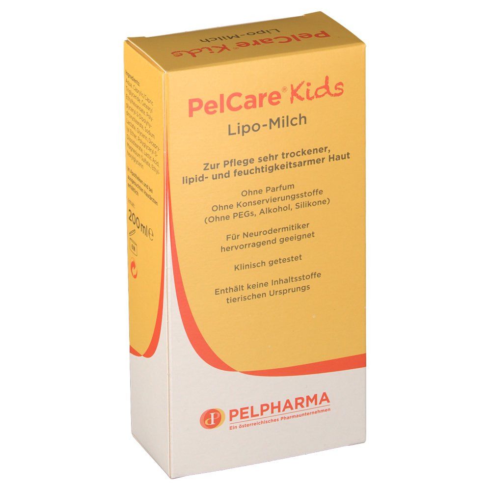 Gelbe Faltschachtel mit Produktnamen PelCare Kids Lipo-Milch. Text: Für trockene Haut, ohne Parfum, ohne Konservierungsstoffe.