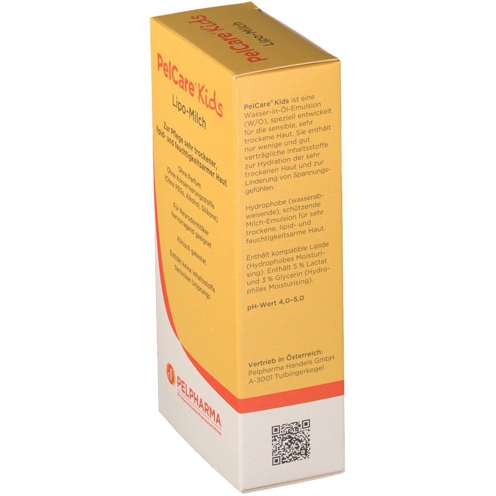 Gelbe Faltschachtel mit Produktnamen PelCare Kids Lipo-Milch. Text: pH-Wert 4,0-5,0, Herstelleradresse, QR-Code, Logo Pelpharma.