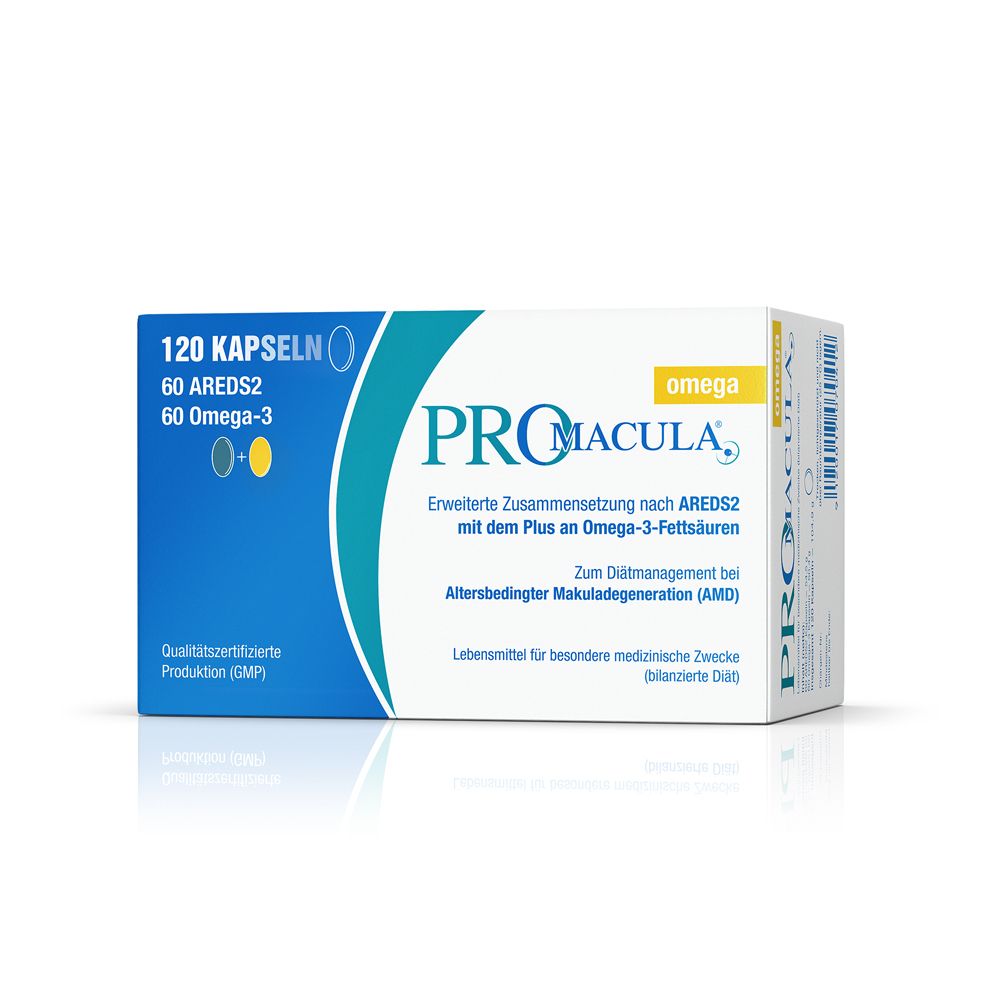 PROmacula omega-Packung. Enthält 120 Kapseln. Blaue und weiße Verpackung mit Produktinformationen und Logo.