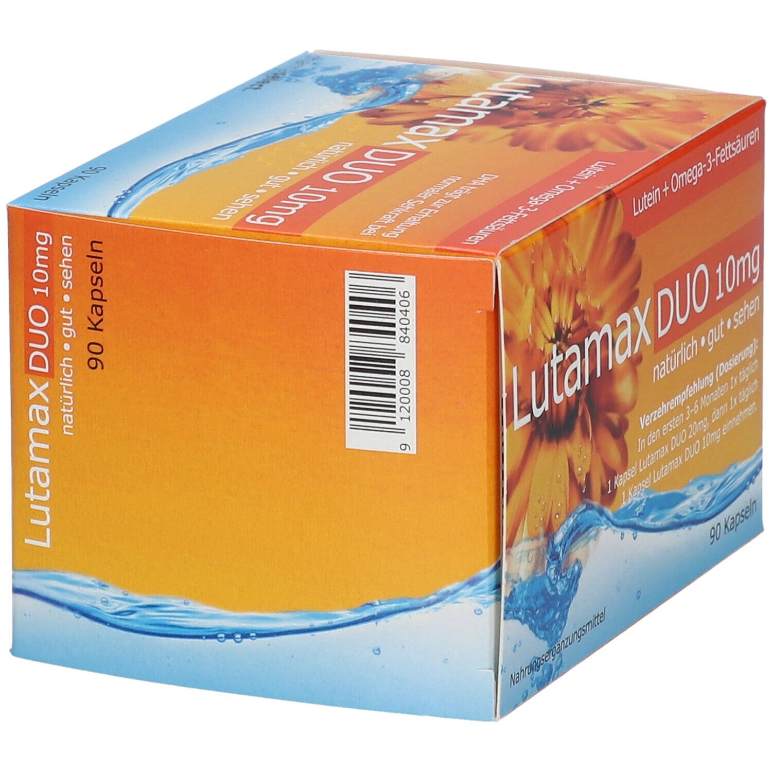 Schrägansicht der Produktverpackung. Aufschrift: Lutamax DUO 10mg, 90 Kapseln. Orangefarbener Hintergrund mit Blüte und Wasser.