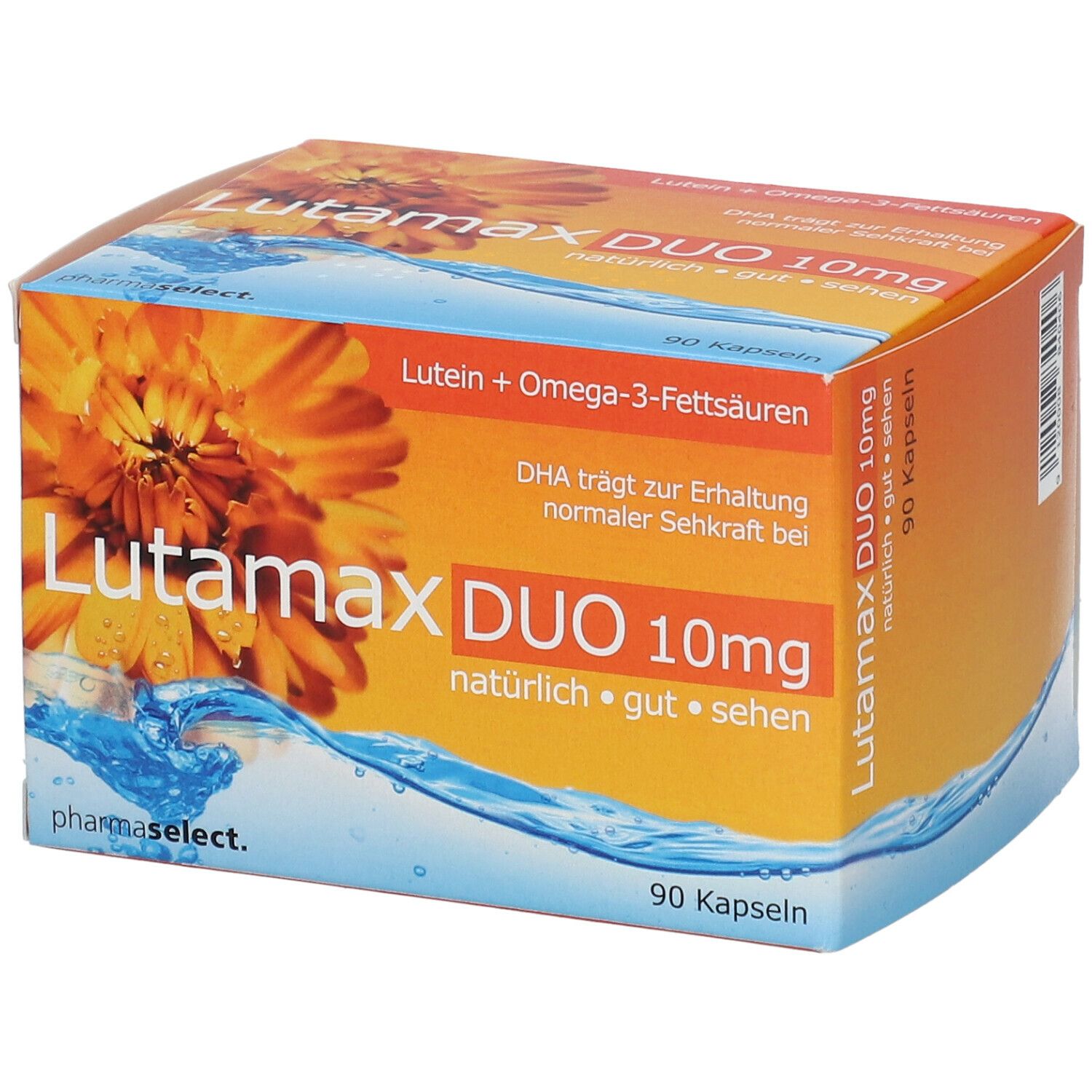 Produktverpackung mit Aufschrift: Lutamax DUO 10mg, 90 Kapseln. Orangefarbener Hintergrund mit Blüte und Wasser. Marke: pharmaselect.