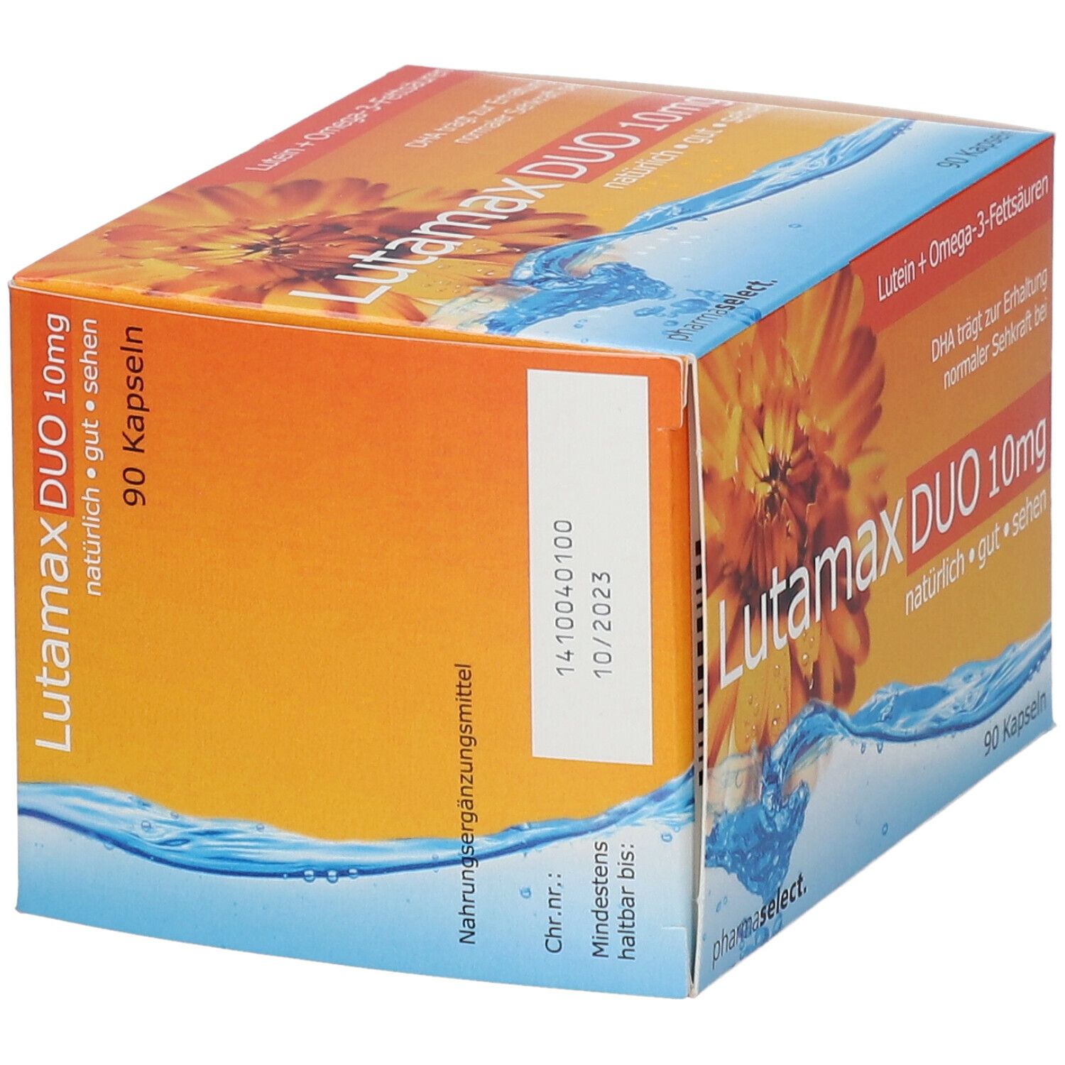 Schrägansicht der Verpackung. Aufschrift: Lutamax DUO 10mg, 90 Kapseln. Orangefarbener Hintergrund mit Blüte und Wasser. Mindesthaltbarkeitsdatum.