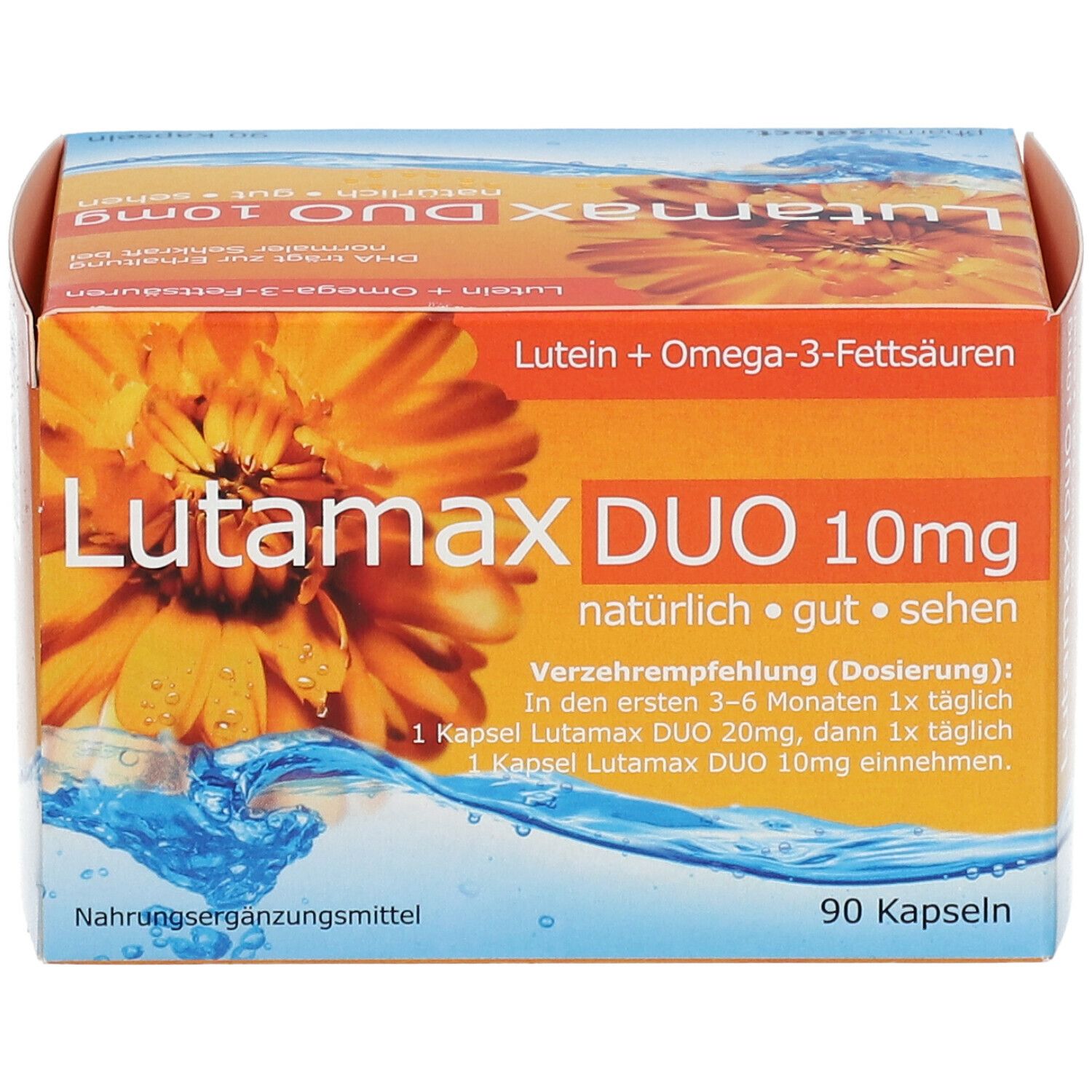 Produktverpackung mit Aufschrift: Lutamax DUO 10mg, 90 Kapseln. Orangefarbener Hintergrund mit Blüte und Wasser. Dosierungshinweis.