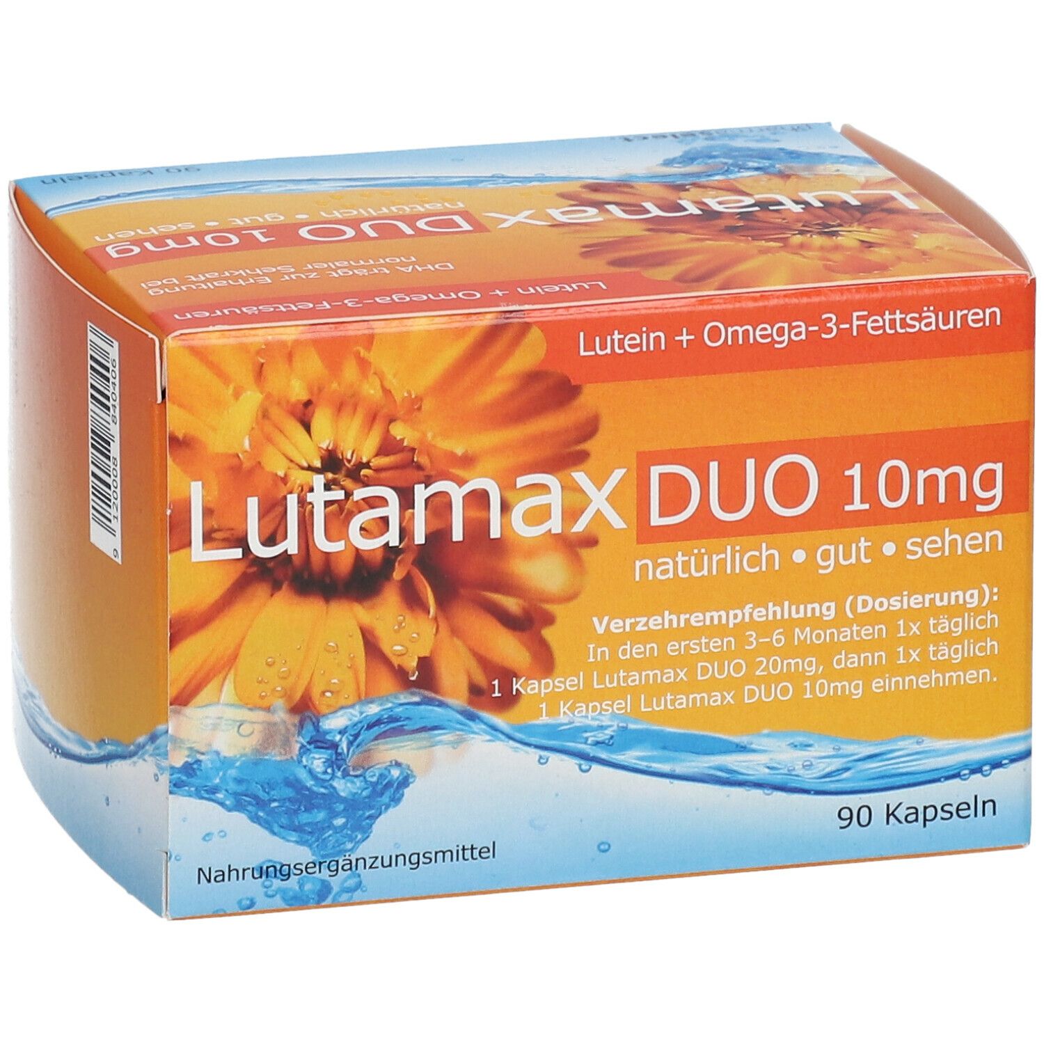 Produktverpackung mit Aufschrift: Lutamax DUO 10mg, 90 Kapseln. Orangefarbener Hintergrund mit Blüte und Wasser. Dosierungshinweis.