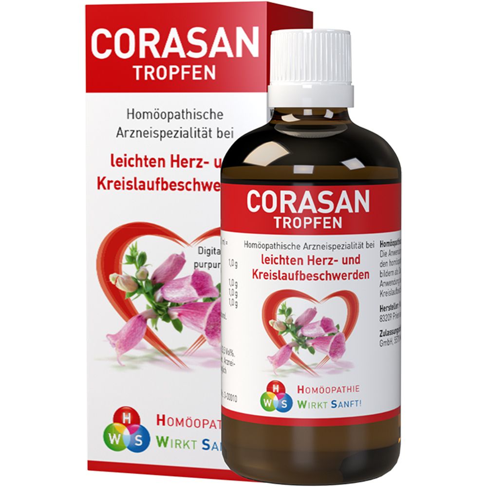 Braune Glasflasche mit weißem Verschluss und rotem Etikett. Daneben eine Schachtel mit gleichem Design. Aufschrift: CORASAN Tropfen.