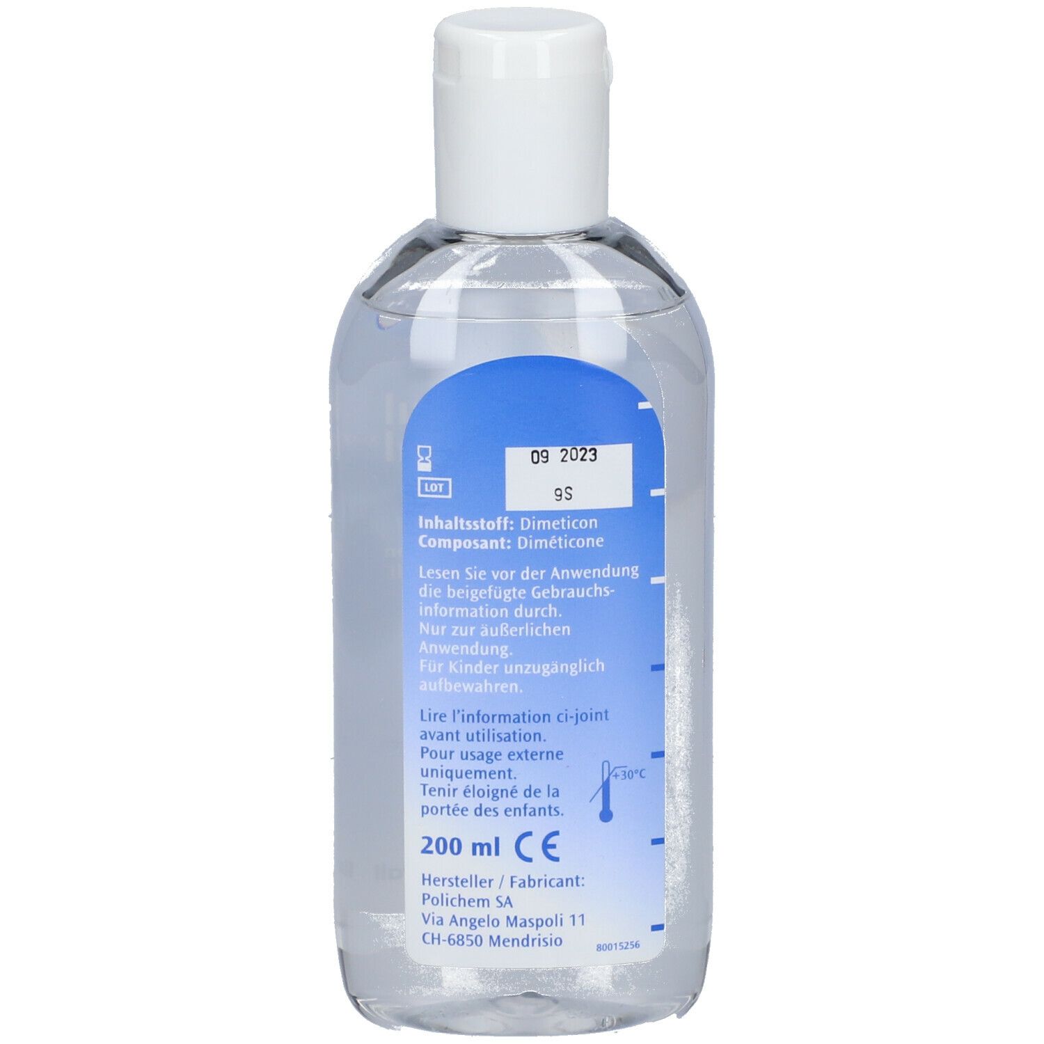 Rückseite einer Flasche mit klarer Flüssigkeit. Etikett mit Informationen, u.a. Inhaltsstoffe und Hersteller.