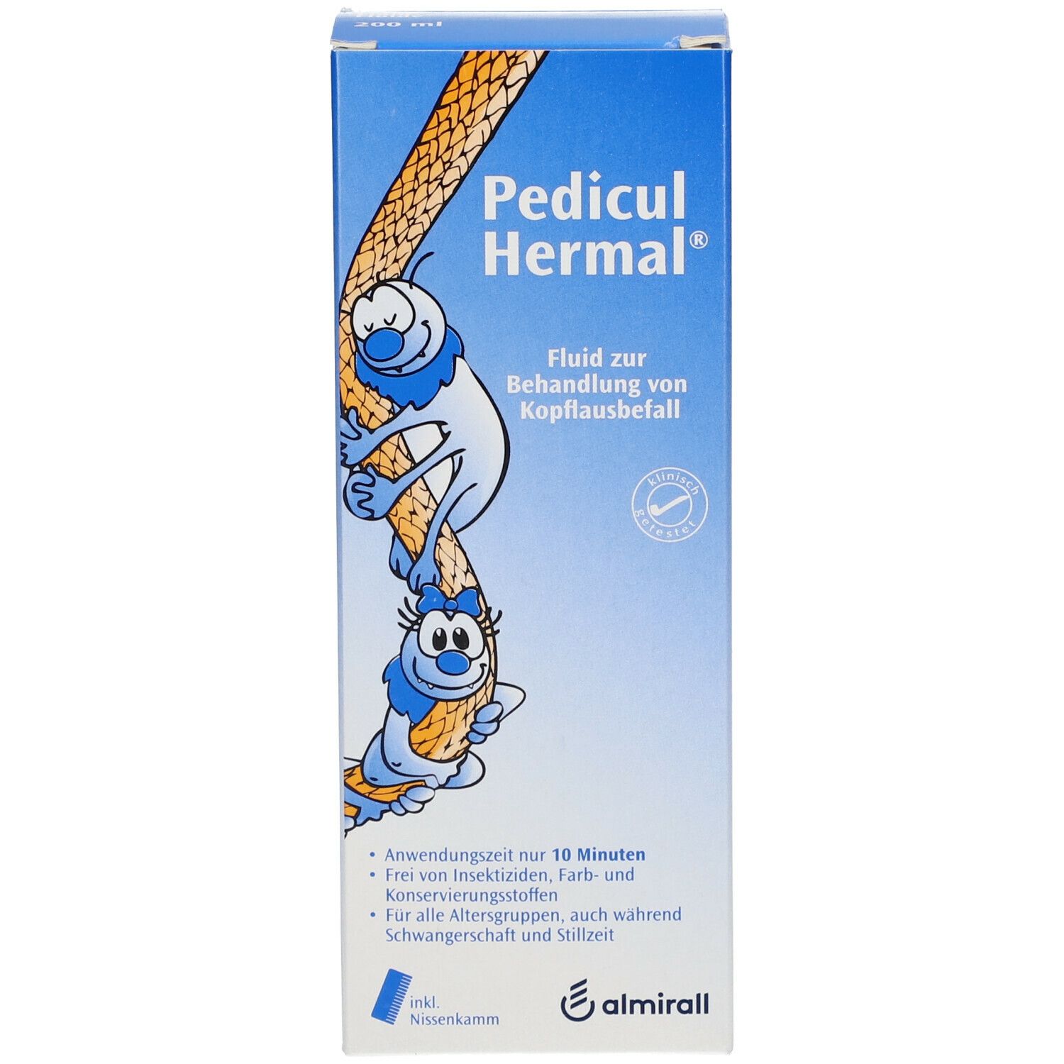 Blaue Produktverpackung mit Produktnamen und Illustration. Enthält Informationen zur Anwendung.
