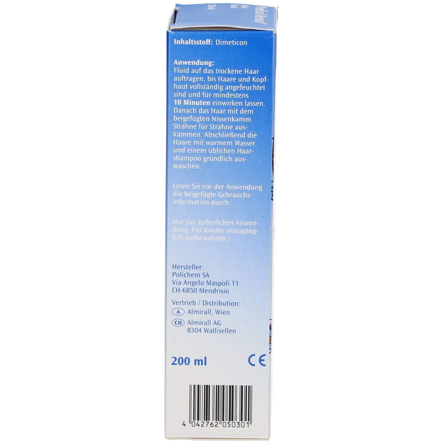 Rückseite der Produktverpackung. Enthält Informationen zur Anwendung, Inhaltsstoffe und Hersteller.