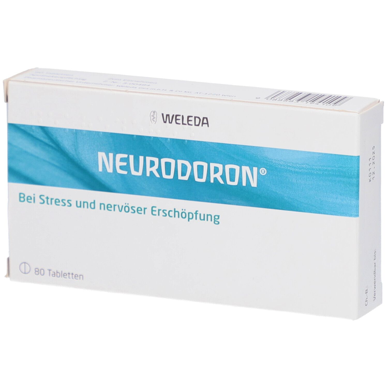 Schachtel mit Neurodoron. Aufschrift: Bei Stress und nervöser Erschöpfung. Enthält 80 Tabletten. Marke: Weleda.