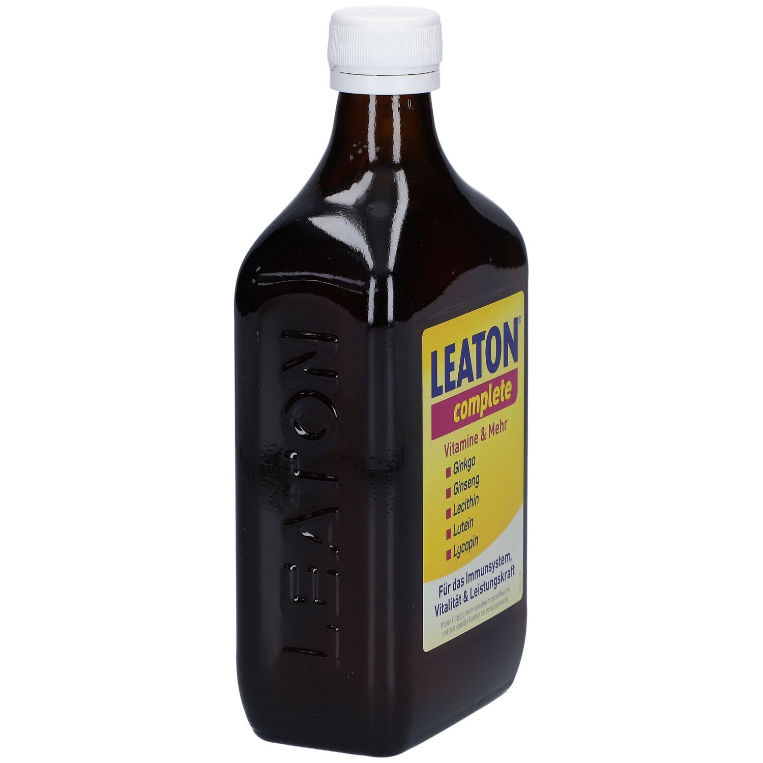 Braune Flasche mit weißem Deckel. Aufkleber mit LEATON complete, Vitaminen & Mehr, und Inhaltsstoffen.