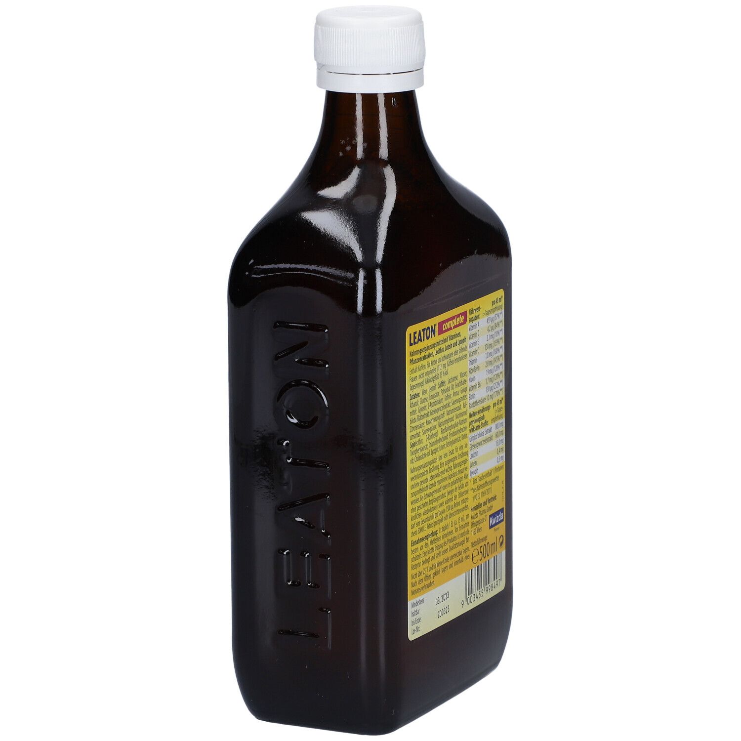 Braune Flasche mit weißem Deckel. Rückseite mit Inhaltsstoffen, Nährwertangaben und Herstellerinformationen.
