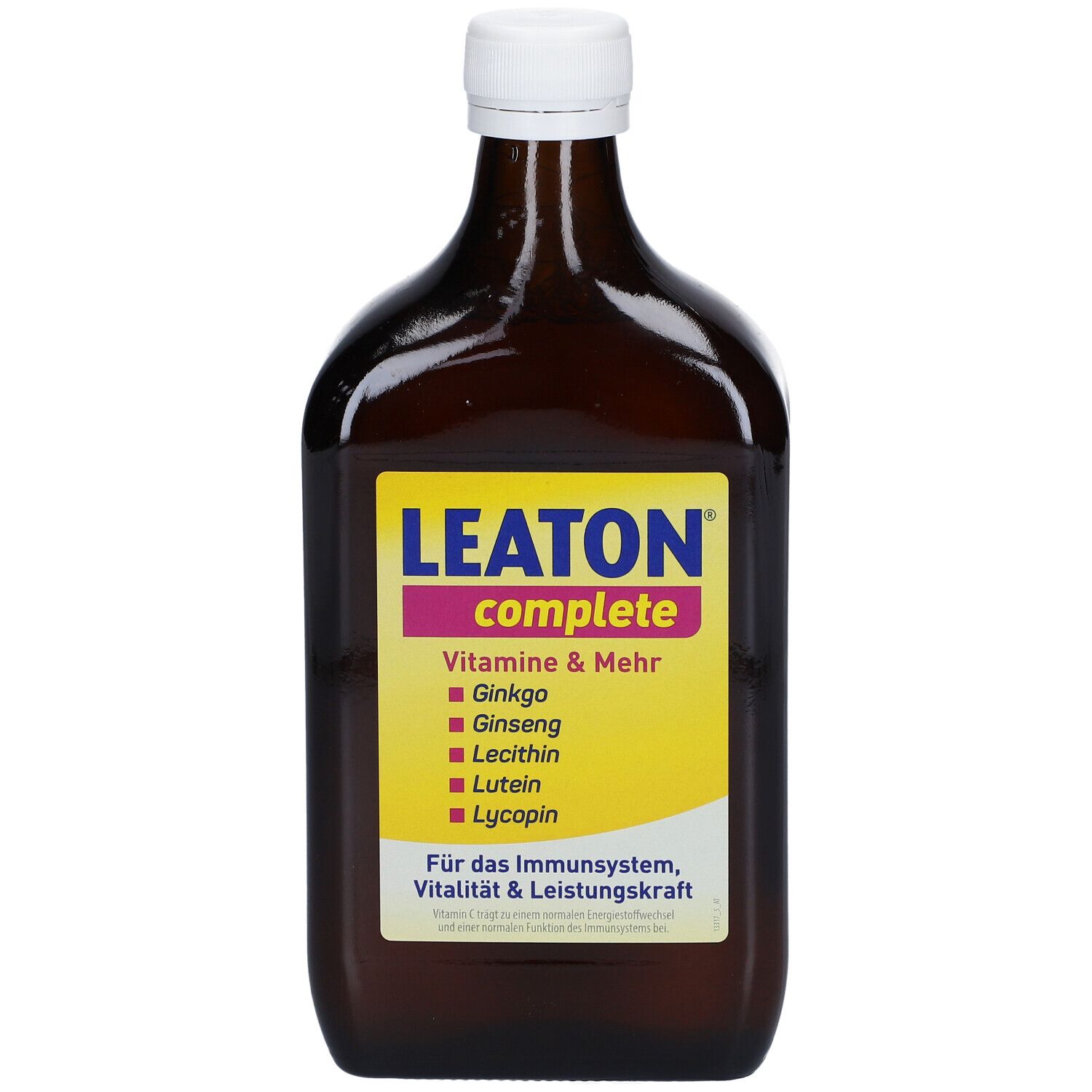 Braune Flasche mit weißem Deckel. Aufkleber mit LEATON complete, Vitaminen & Mehr, und Inhaltsstoffen.