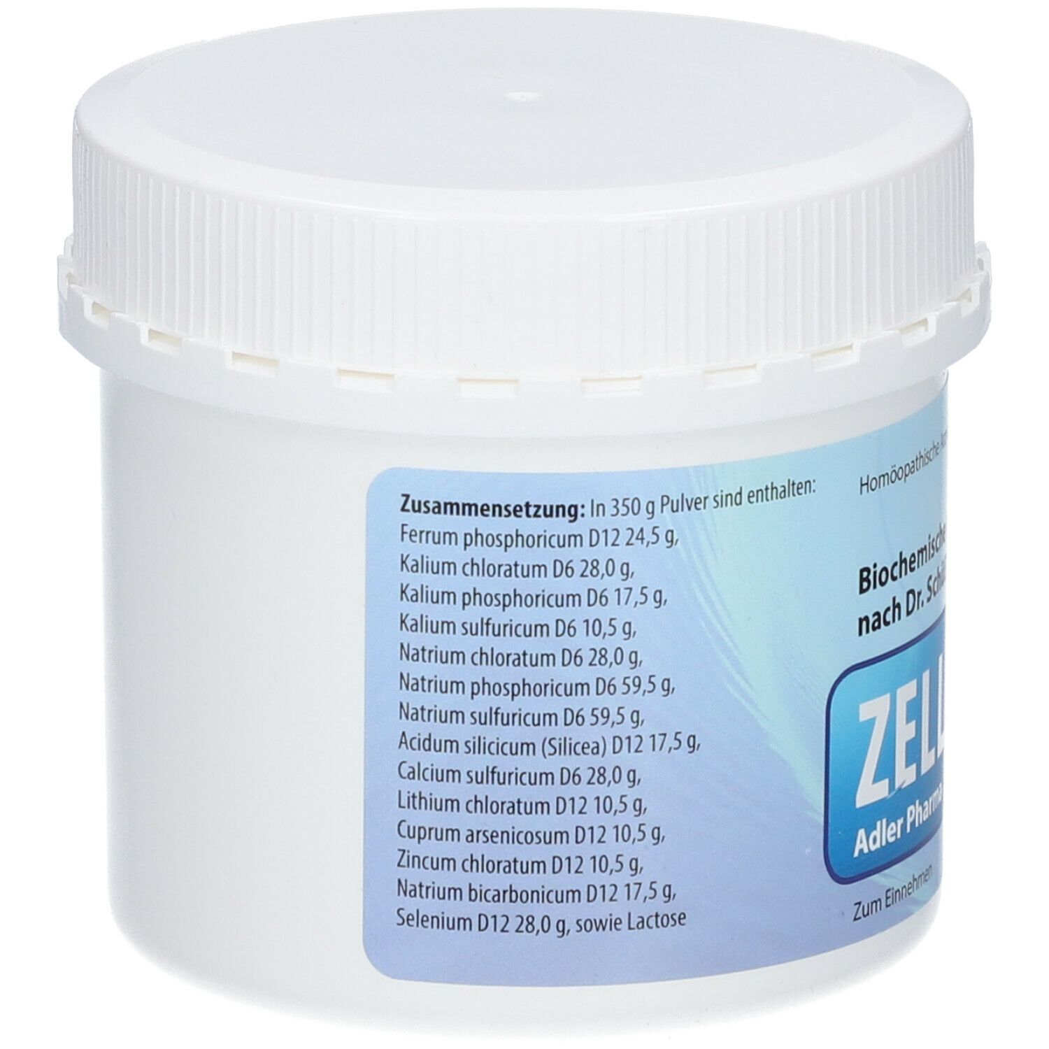 Weiße Dose, Rückseite mit Zutatenliste. Enthält: Ferrum phosphoricum, Kalium chloratum, etc.