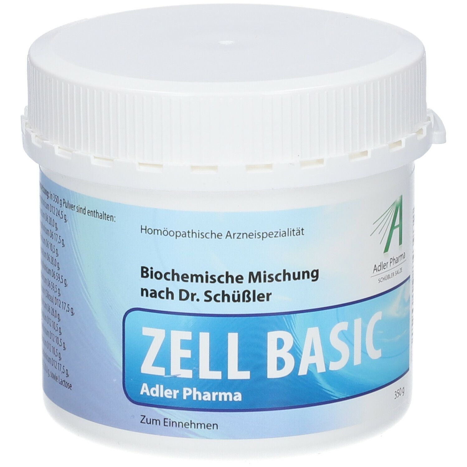 Weiße Dose mit blauem Etikett. Aufschrift: ZELL BASIC, Adler Pharma. Homöopathisches Arzneimittel.