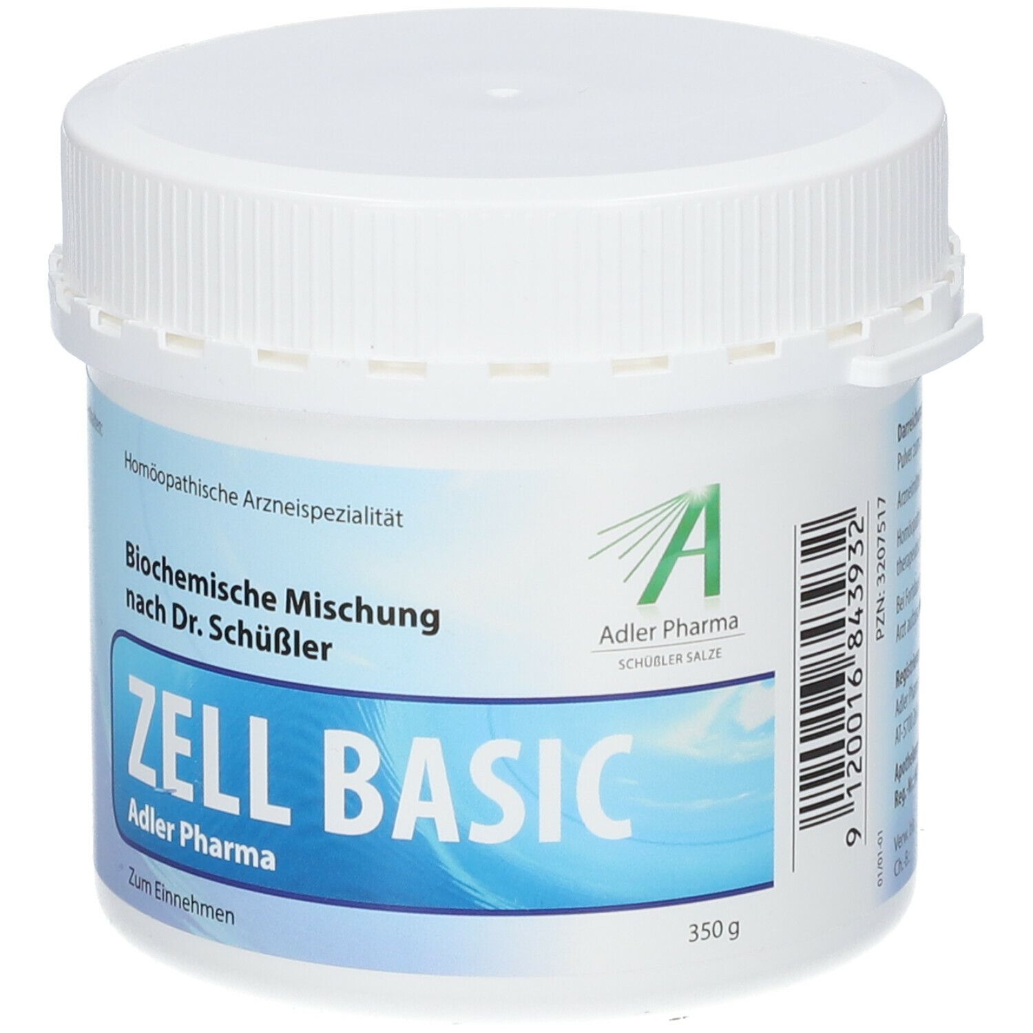 Weiße Dose mit blauem Etikett. Aufschrift: ZELL BASIC, Adler Pharma. 350g. Mit Barcode.