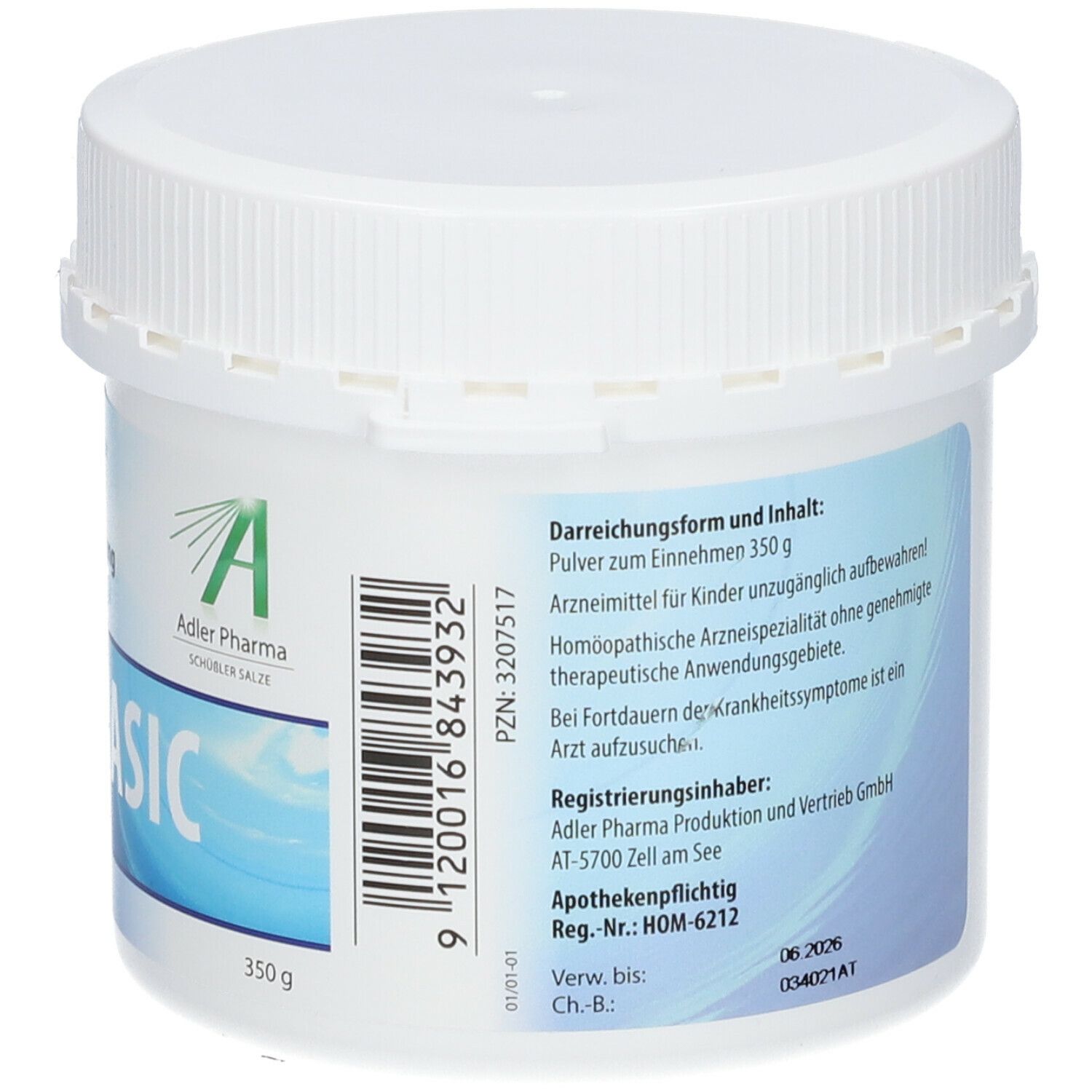 Weiße Dose, Rückseite mit Informationen. Aufschrift: ZELL BASIC, Adler Pharma. Barcode, 350g.