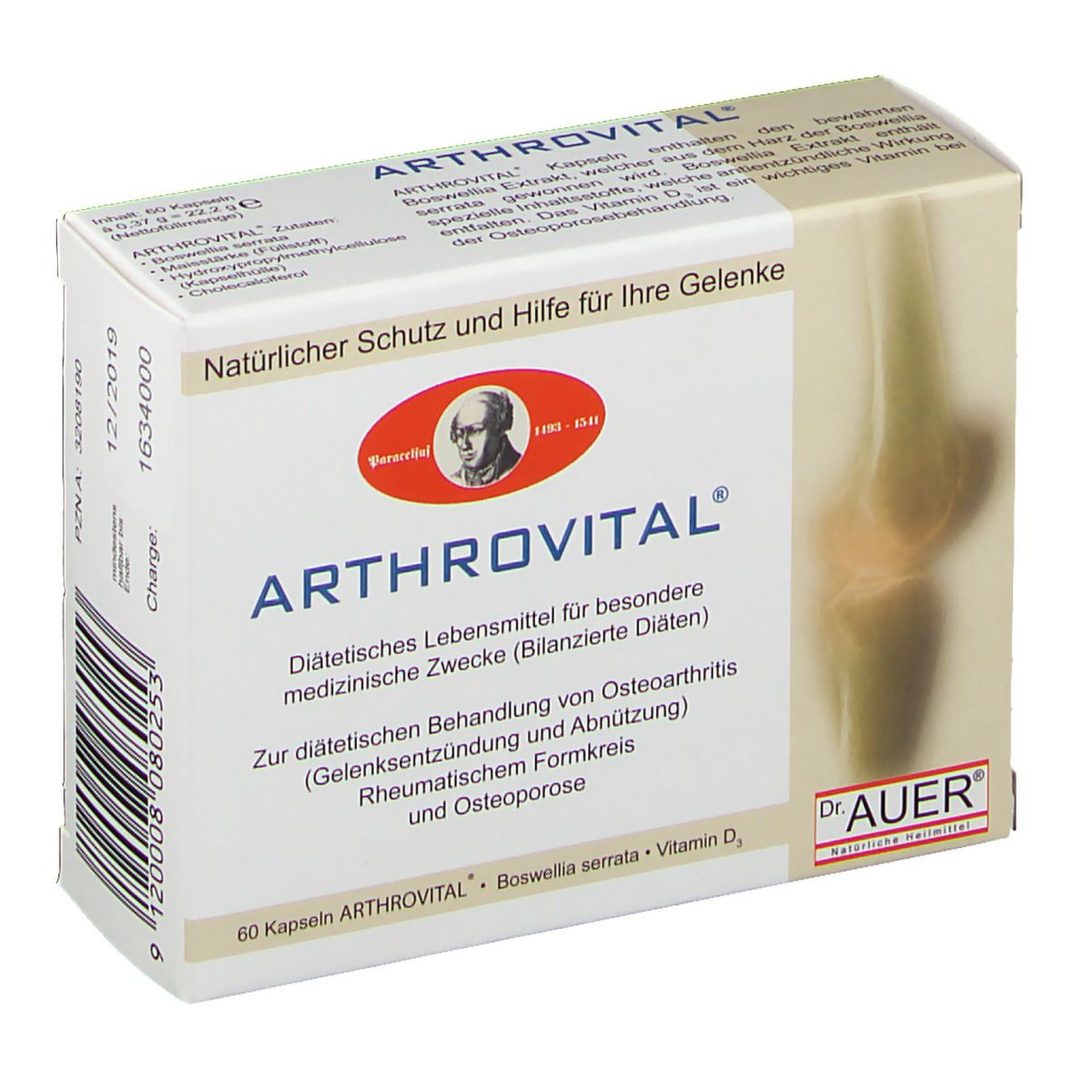 Boîte ARTHROVITAL®. Boîte blanche et beige avec nom et logo du produit. Contient 60 gélules. Logo Dr. Auer.