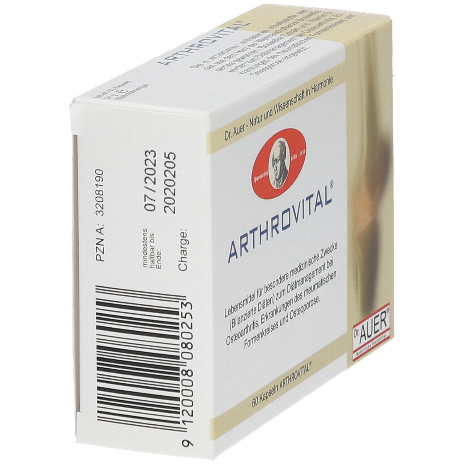 Boîte ARTHROVITAL®, en biais. Boîte blanche et beige avec nom et logo du produit. Code-barres et date de péremption.
