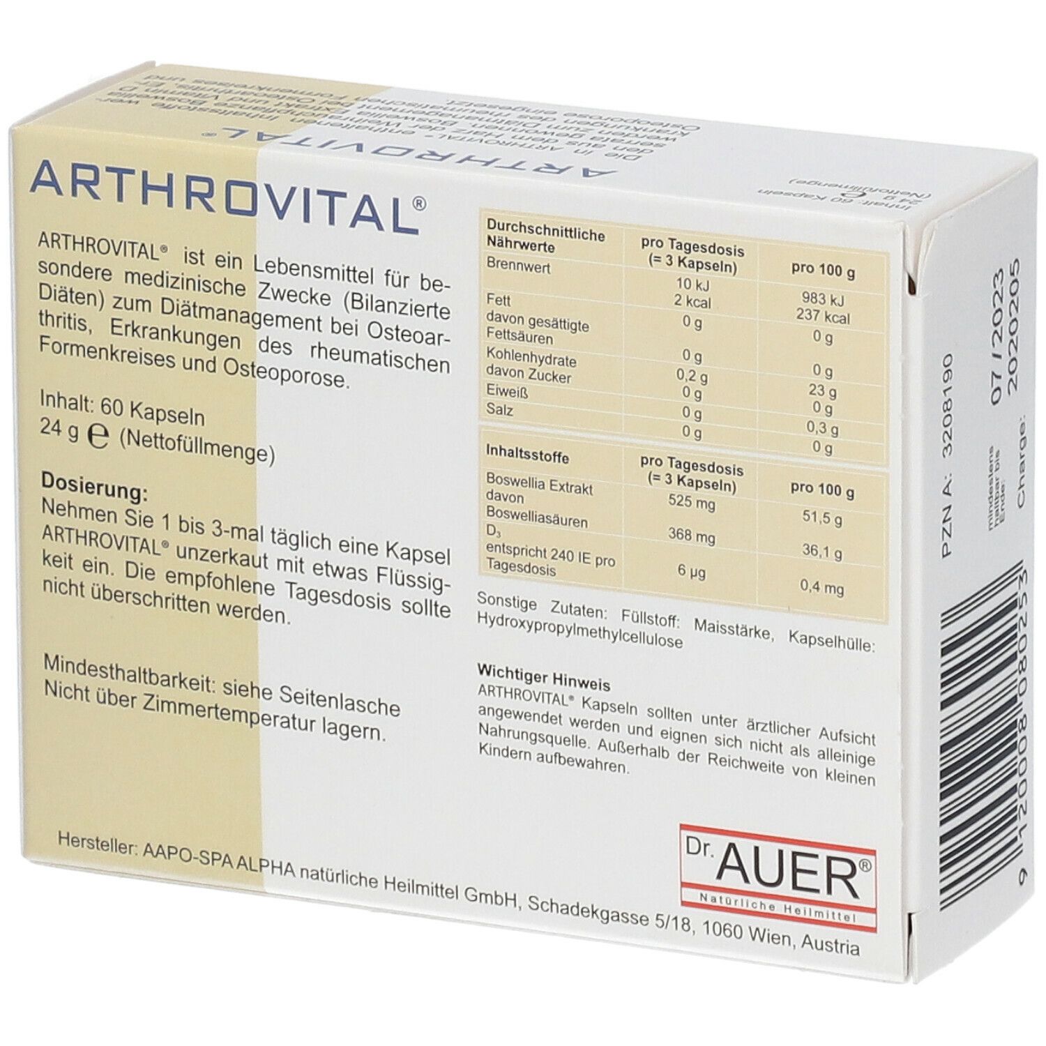 Dos de la boîte ARTHROVITAL®. Contient des informations nutritionnelles et des instructions de dosage. Logo Dr. Auer.