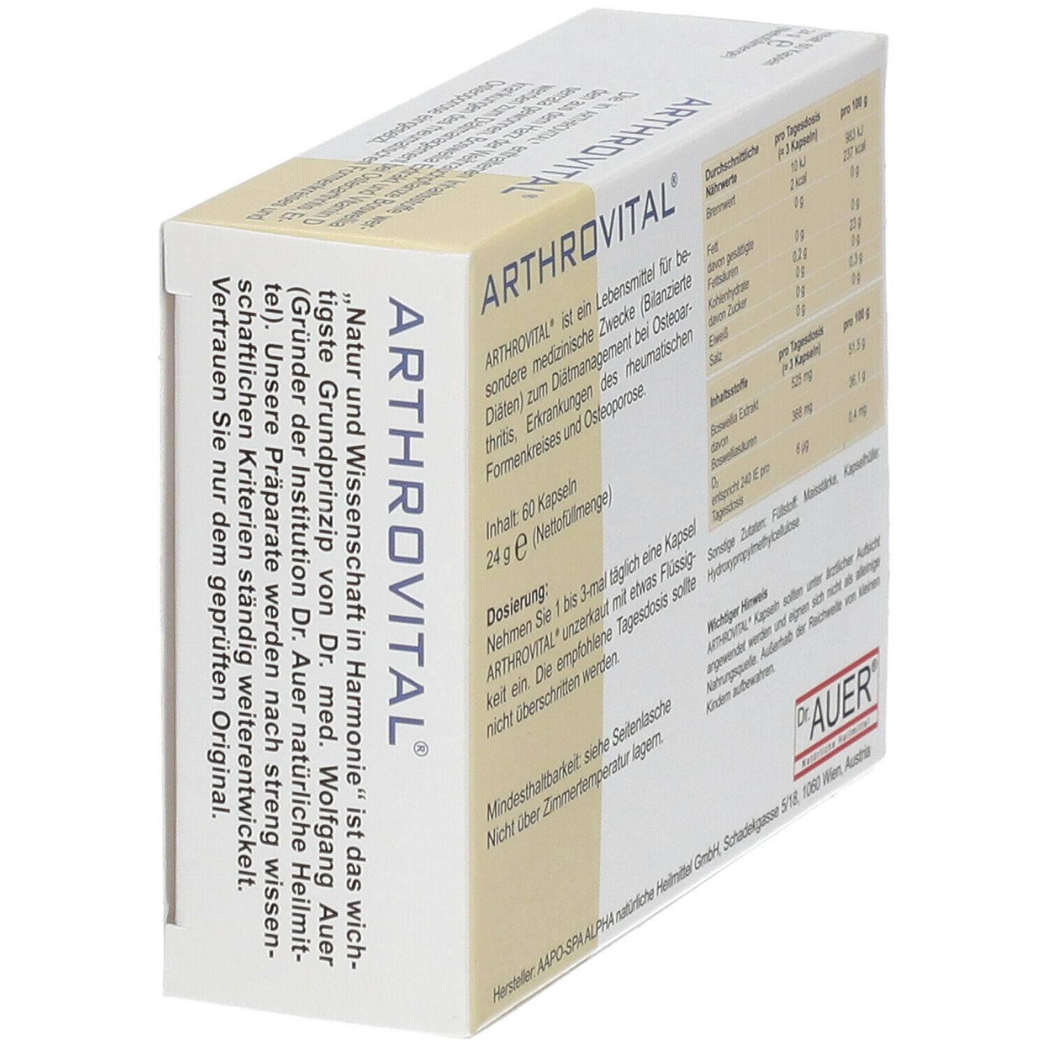 Boîte ARTHROVITAL®, en biais. Contient du texte sur le produit et le logo Dr. Auer. Boîte blanche et beige.