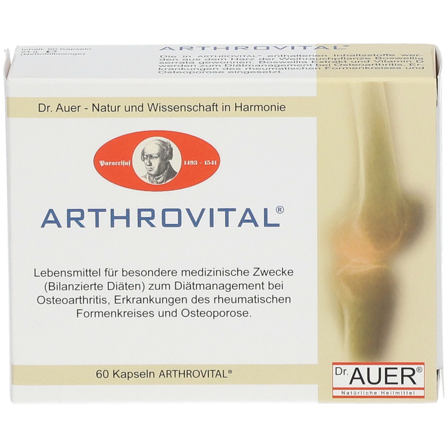 Boîte ARTHROVITAL®. Boîte blanche et beige avec nom et logo du produit. Contient 60 gélules. Logo Dr. Auer.
