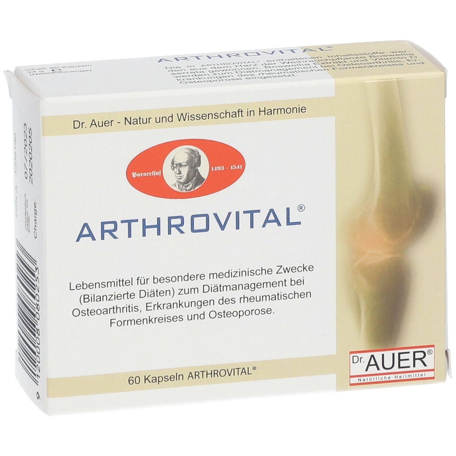 Boîte ARTHROVITAL®. Boîte blanche et beige avec nom et logo du produit. Contient 60 gélules. Logo Dr. Auer.