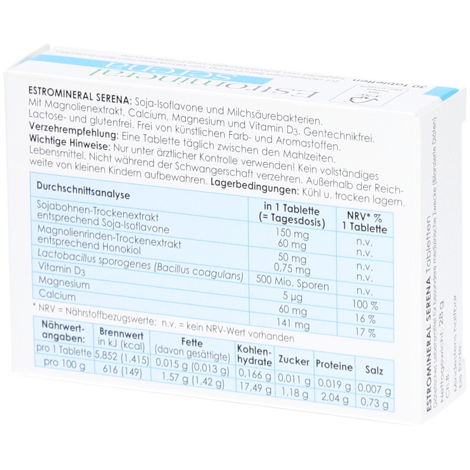 Rückseite der Estromineral serena-Verpackung. Enthält Nährwertangaben und Inhaltsstoffe. Text in Deutsch.