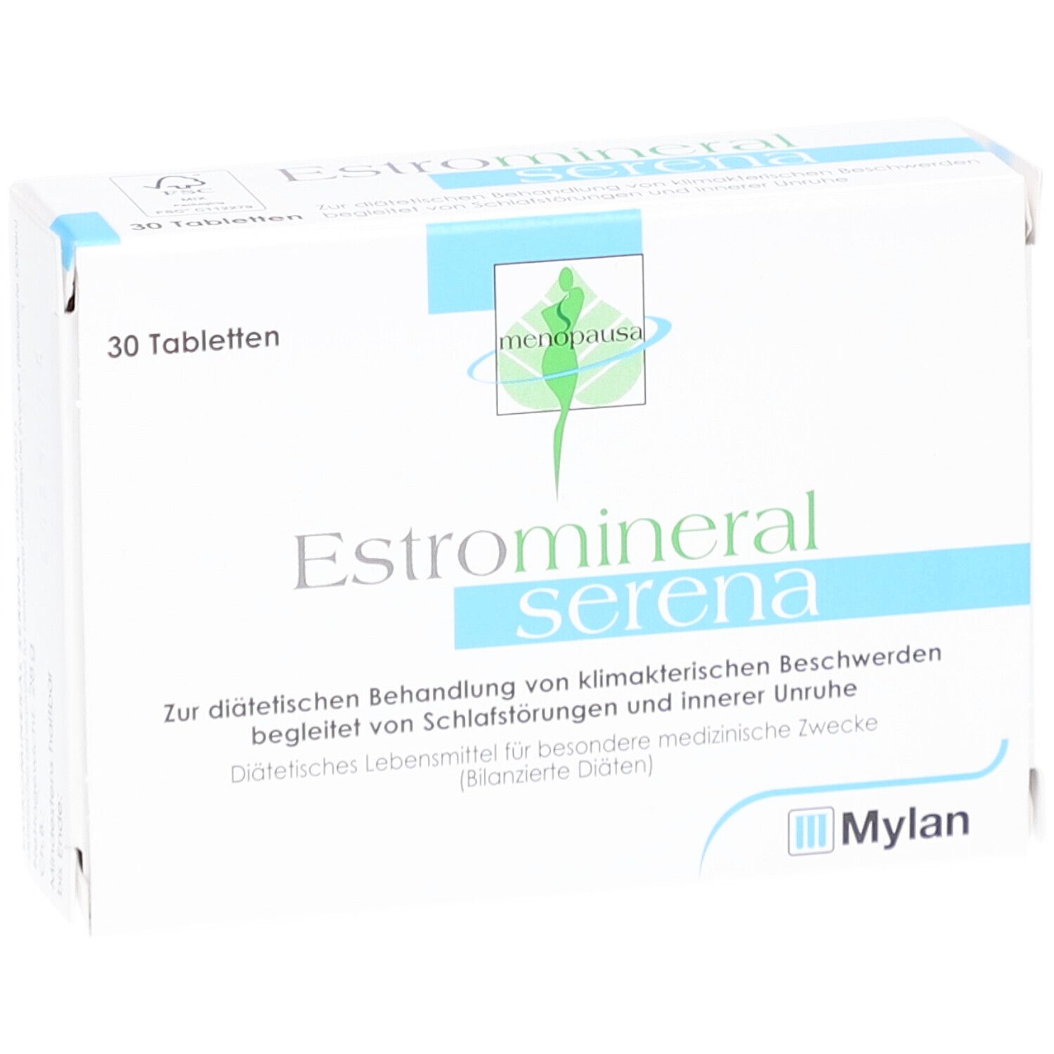 Weiße Schachtel mit blauen Akzenten. Aufschrift: Estromineral serena. 30 Tabletten. Logo: Mylan.