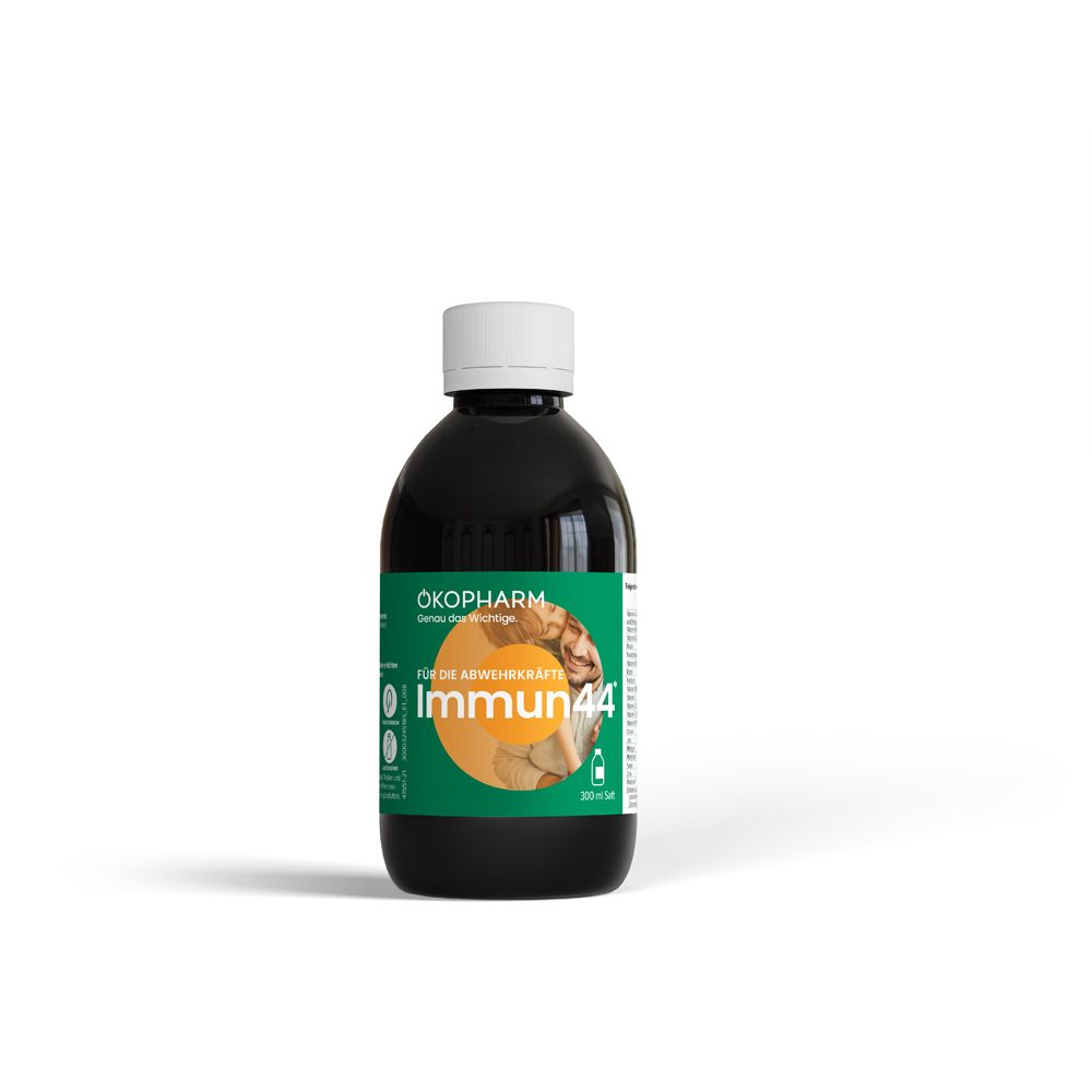Braune Flasche ÖKOPHARM® Immun44® Saft. Grünes Etikett mit Text und Abbildung. Weißer Verschluss.