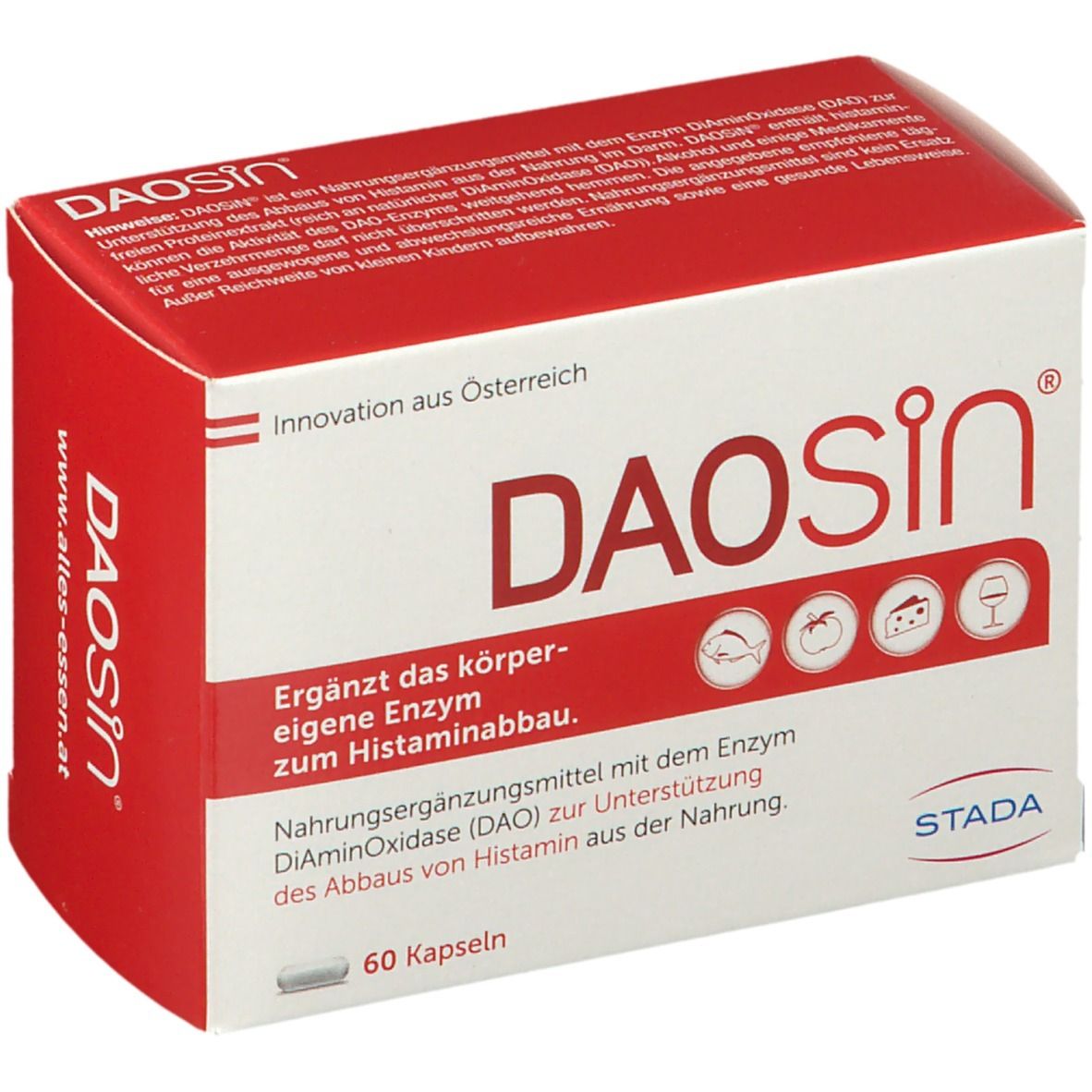 Rote und weiße DAOSIN®-Schachtel mit 60 Kapseln. Aufschrift: Ergänzt das körpereigene Enzym zum Histaminabbau.