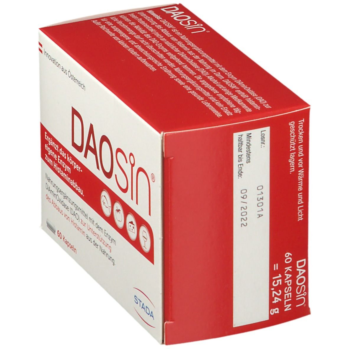 Rote und weiße DAOSIN®-Schachtel. Aufschrift: 60 Kapseln. Mindestens haltbar bis 09/2022. STADA-Logo.