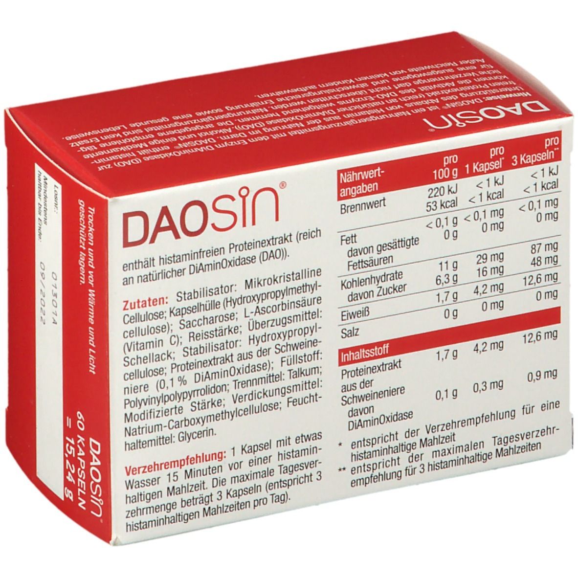 Rote und weiße DAOSIN®-Schachtel. Nährwertangaben und Zutatenliste. Aufschrift: 60 Kapseln.
