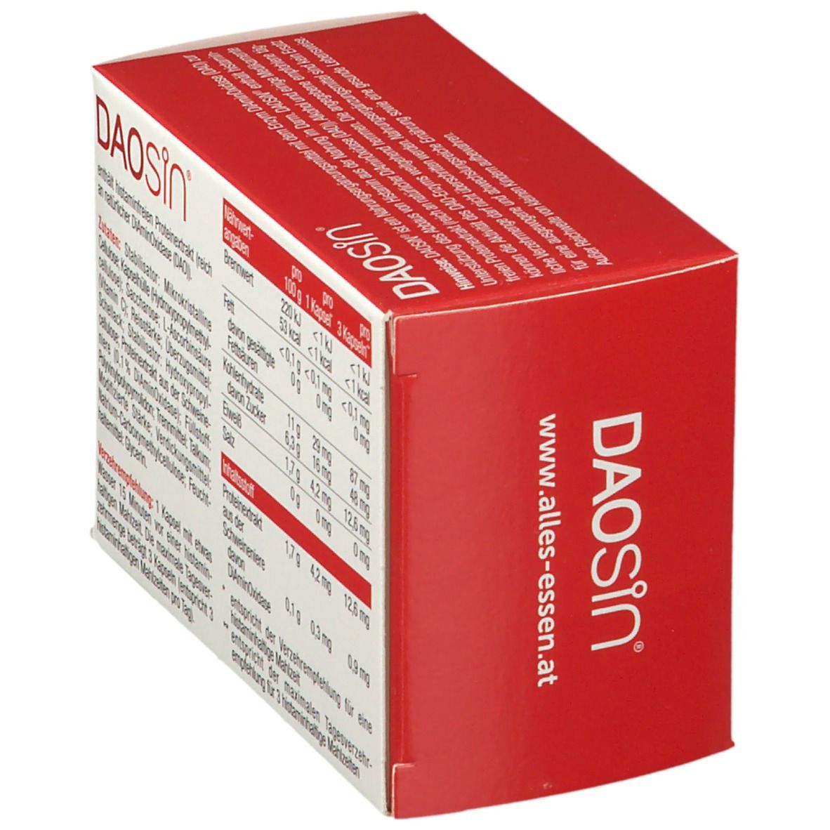 Rote und weiße DAOSIN®-Schachtel. Aufschrift: www.alles-essen.at. Nährwertangaben und Zutatenliste.