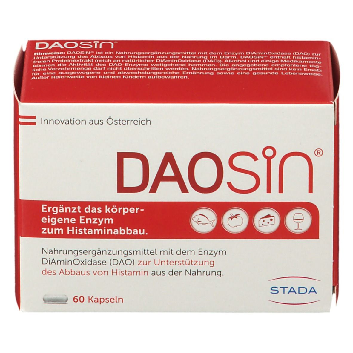 Rote und weiße DAOSIN®-Schachtel mit 60 Kapseln. Aufschrift: Ergänzt das körpereigene Enzym zum Histaminabbau. STADA-Logo.