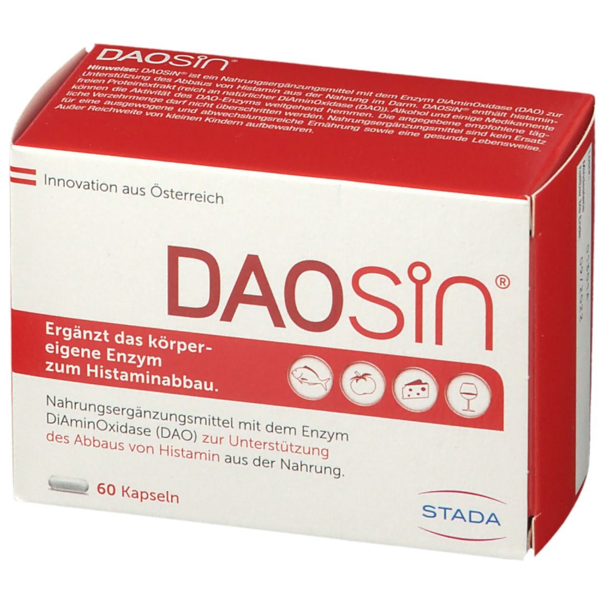 Rote und weiße DAOSIN®-Schachtel mit 60 Kapseln. Aufschrift: Ergänzt das körpereigene Enzym zum Histaminabbau. STADA-Logo.