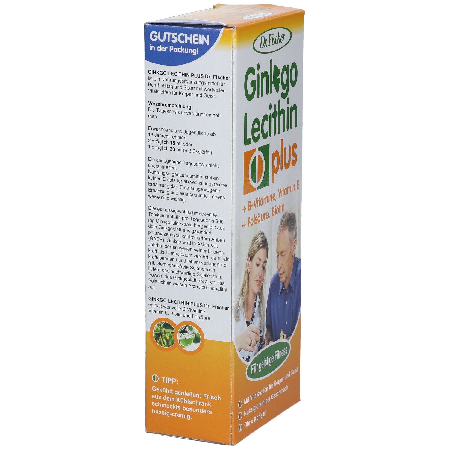 Karton von Ginkgo Lecithin plus. Enthält B-Vitamine, Vitamin E, Folsäure und Biotin. Mit Gutschein in der Verpackung.