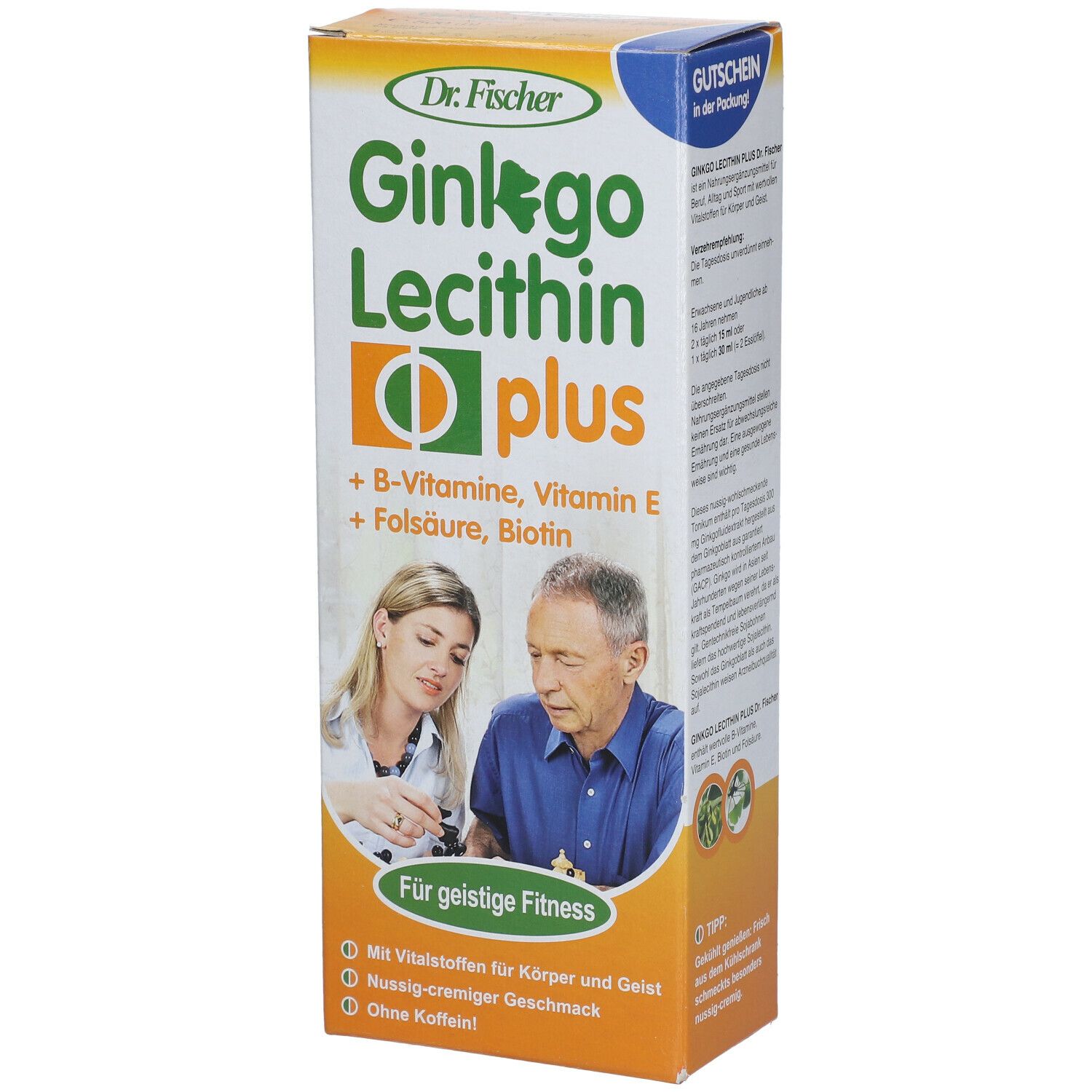 Karton von Ginkgo Lecithin plus. Enthält B-Vitamine, Vitamin E, Folsäure und Biotin. Mit Gutschein in der Verpackung.