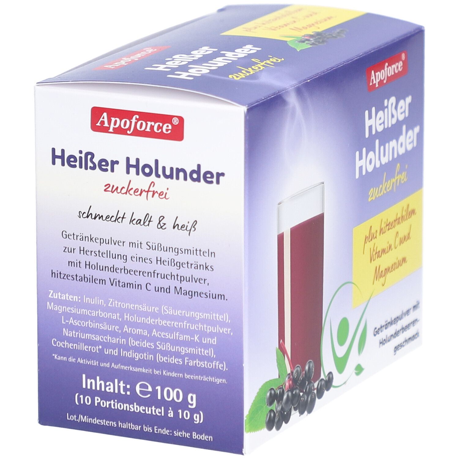 Verpackung von Apoforce Heißer Holunder zuckerfrei. Enthält Getränkepulver mit Süßungsmitteln, Vitamin C und Magnesium. 10 Portionen.