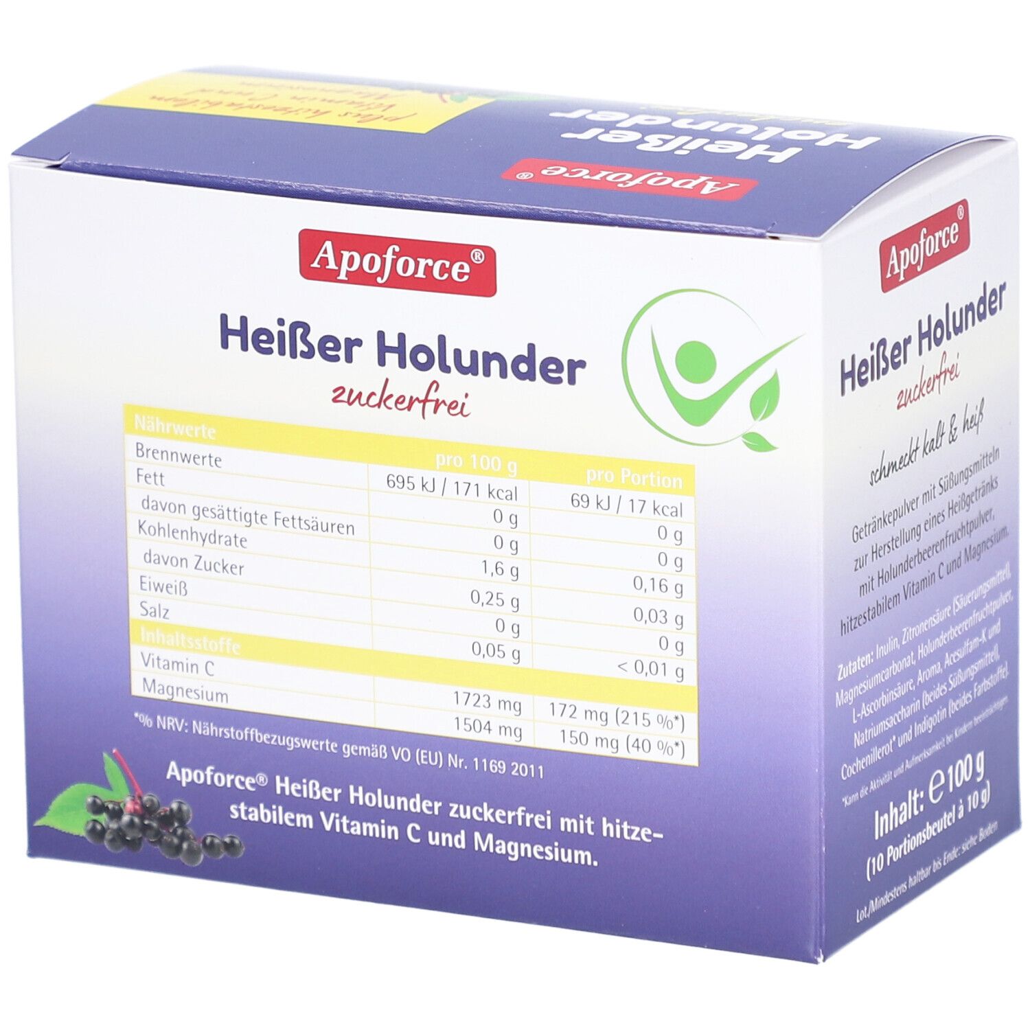 Verpackung von Apoforce Heißer Holunder zuckerfrei. Nährwerttabelle mit Brennwert, Fett, Kohlenhydrate, Zucker, Eiweiß, Salz, Vitamin C, Magnesium.