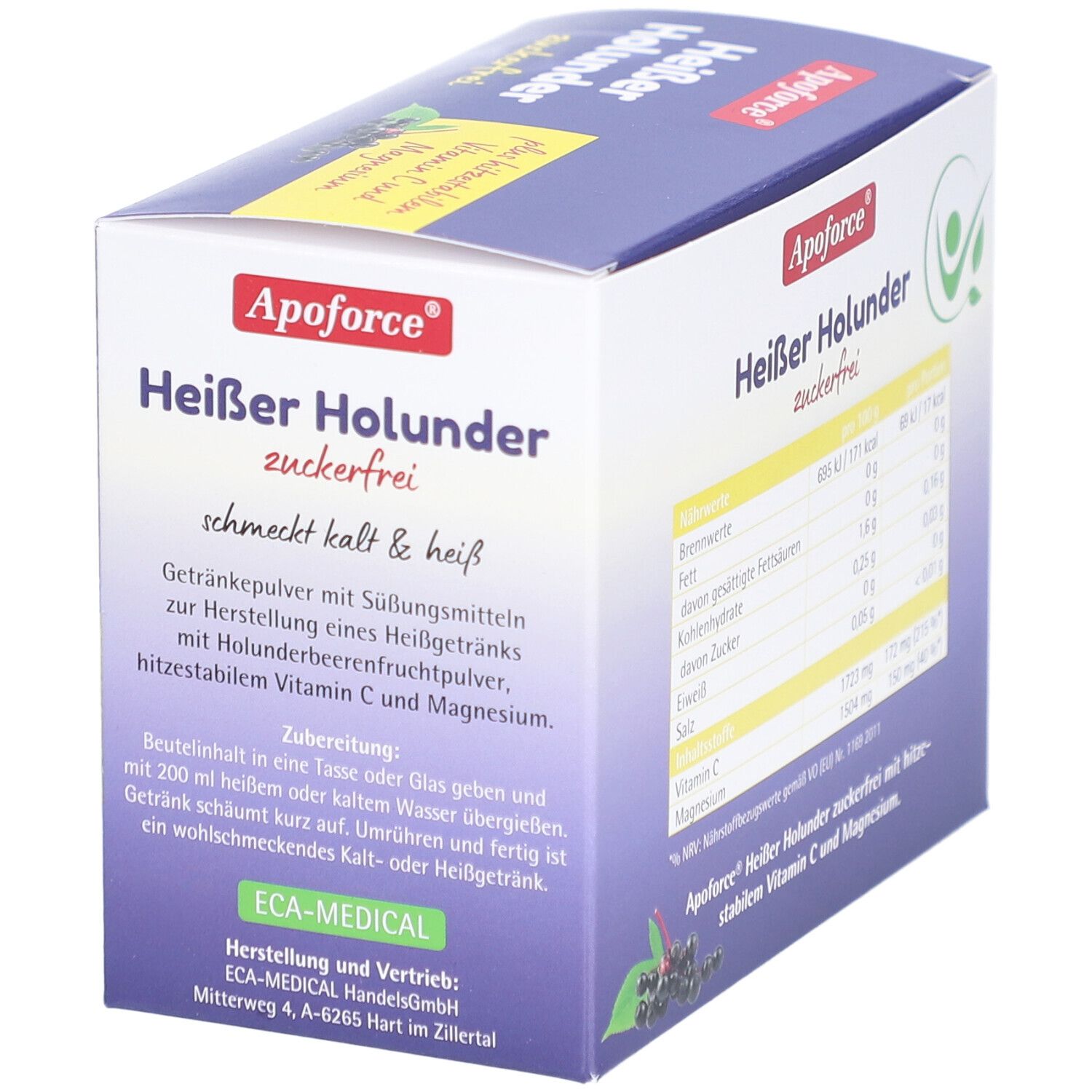 Verpackung von Apoforce Heißer Holunder zuckerfrei. Enthält Nährwertangaben und Zubereitungshinweise. ECA-MEDICAL.