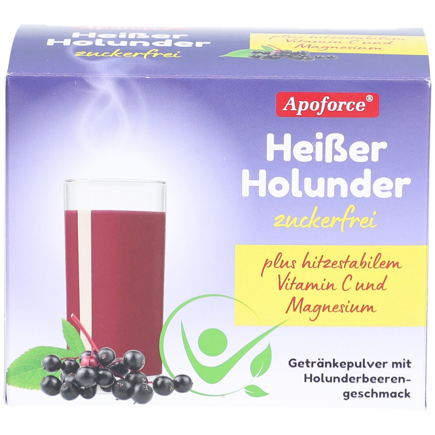 Verpackung von Apoforce Heißer Holunder zuckerfrei. Getränkepulver mit Holunderbeerengeschmack, Vitamin C und Magnesium.